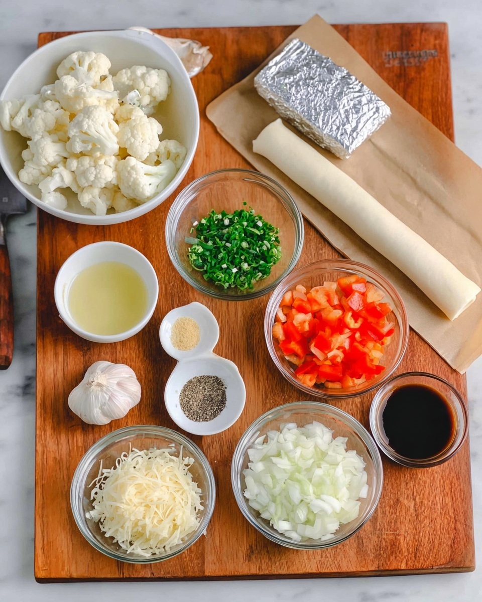 The image shows a wooden board with several small bowls and ingredients arranged neatly. In the top left corner, there is a white bowl filled with white cauliflower pieces. To its right, a silver foil-wrapped block is placed next to a rolled white pastry sheet on brown paper. Below the cauliflower, a clear glass bowl holds finely chopped green herbs. Next to it, a clear glass bowl contains diced red bell peppers, and beside that, another clear bowl holds chopped white onions. In front of these, three small white bowls are positioned: the left one has a light yellow powder, the middle one contains a pale liquid, and the right one has salt and ground black pepper. To the right, a clear glass bowl has a white creamy substance, and in front of it, another clear bowl carries finely shredded cheese. Around the middle are two garlic cloves and a tablespoon with a dark liquid. Everything is placed on a wooden board, with a white marbled surface barely visible at the edges. Photo taken with an iphone --ar 4:5 --v 7