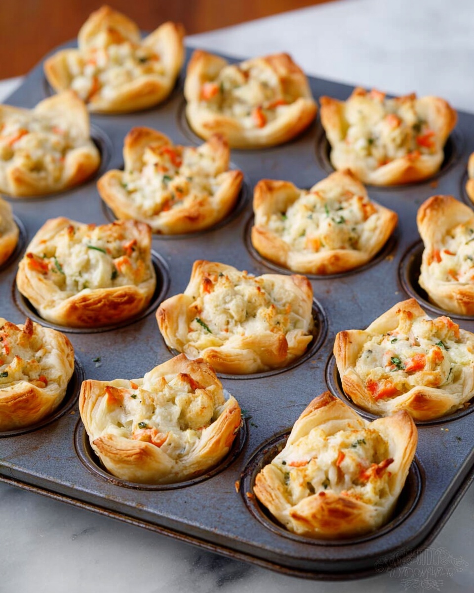 A metal muffin tray holds 18 small, round puff pastry cups with a slightly golden-baked crust forming a loose, folded base and edges. Inside each pastry cup, there is a creamy, chunky filling with visible small pieces of orange carrot, white potato or cheese, and green herbs, giving a mixed color texture of creamy white, orange, and green. The tray is placed on a white marbled surface. The overall look is warm and inviting, showing a baked snack ready to serve. photo taken with an iphone --ar 4:5 --v 7