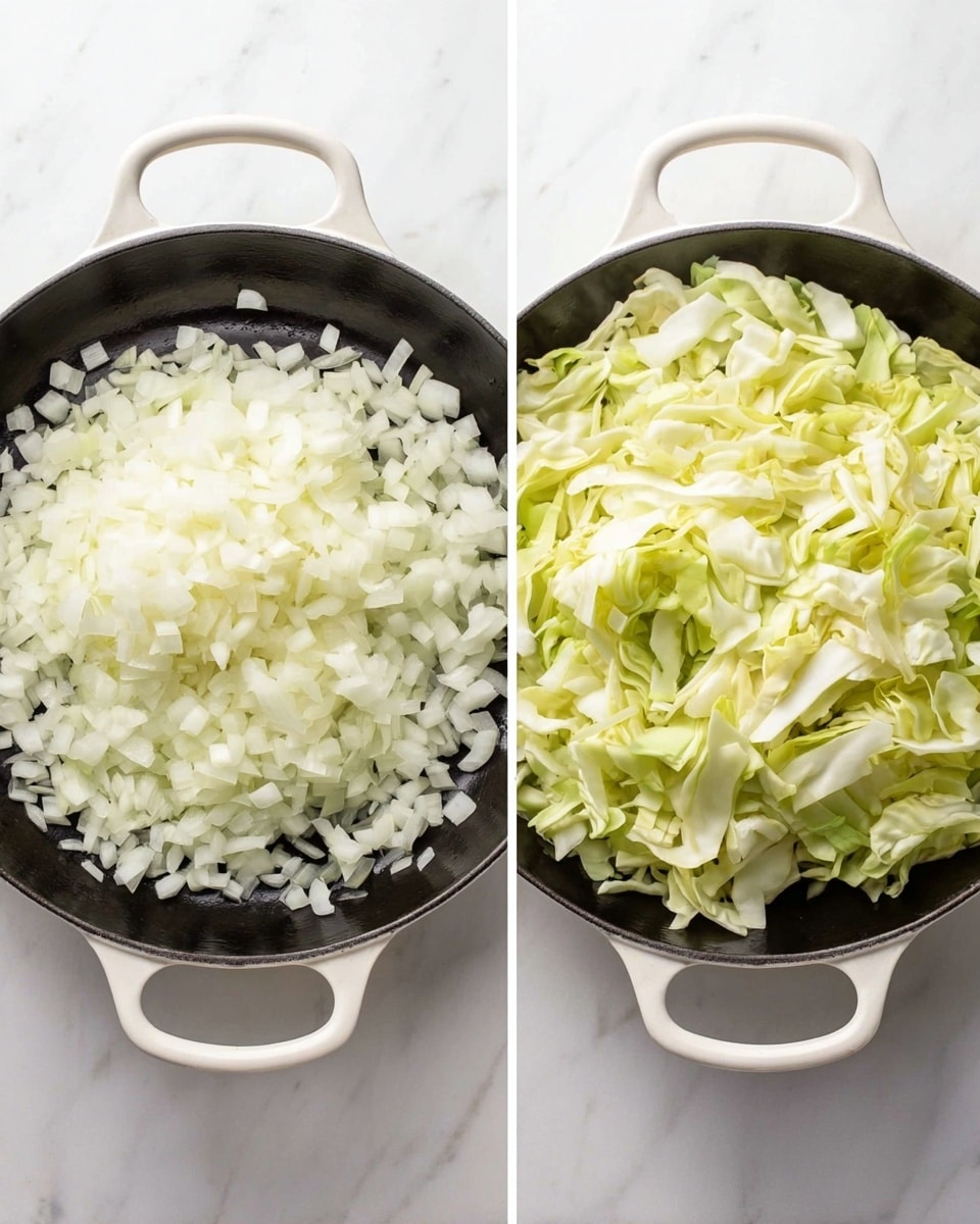 The image shows two white-handled cast iron pans on a white marbled surface. The left pan is filled with finely chopped white onions spread evenly, showing a soft texture and translucent look as they cook. The right pan is filled to the top with thinly sliced pale green cabbage layered loosely, with the edges of the leaves curling slightly, filling the pan fully. Both pans have a black cooking surface and are centered in the frame. photo taken with an iphone --ar 4:5 --v 7