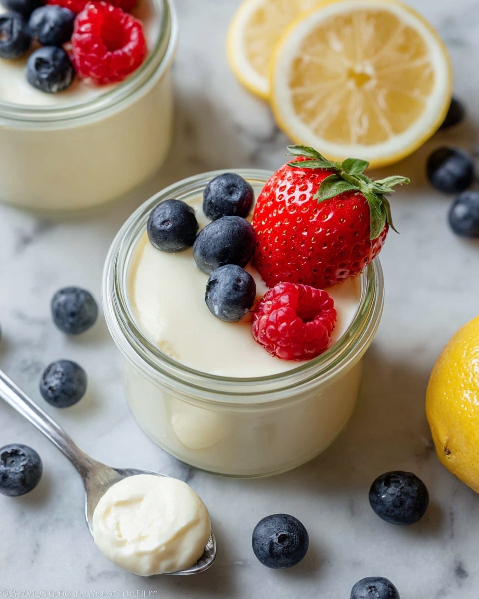 A glass jar filled with a smooth, creamy white dessert forms the base layer, topped with fresh fruits including a halved bright red strawberry, several plump dark blue blueberries, and a vibrant red raspberry arranged on one side of the jar’s surface. The jar rests on a white marbled surface scattered with blueberries around it and a halved lemon nearby. A silver spoon holding a small scoop of the creamy dessert is placed next to the jar, showing the soft texture. Another jar with a similar dessert and fruit topping is partially visible at the edge. photo taken with an iphone --ar 4:5 --v 7