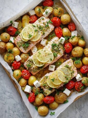 Greek Lemon Garlic Sheet Pan Salmon with Potatoes Recipe