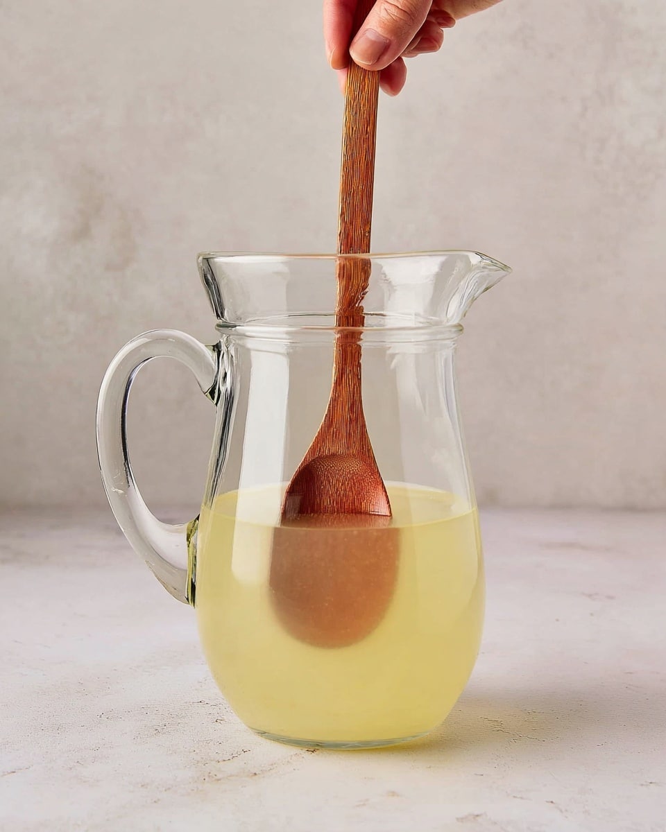 A clear glass pitcher filled halfway with a pale yellow liquid stands on a white marbled surface. Inside the pitcher, a wooden spoon with a smooth texture and a rounded end is being stirred by a woman's hand visible at the top. The pitcher has a clear handle on its left side and slight reflection highlights on its curved body show the clean glass material. The background is a simple light grey with soft texture making the pitcher and its contents the main focus. Photo taken with an iphone --ar 4:5 --v 7