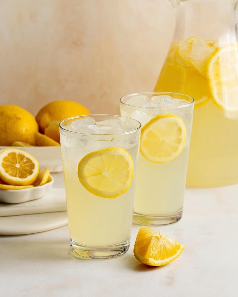The image shows two clear glasses filled halfway with light yellow lemonade, each with ice cubes and a thin round lemon slice inside near the top. They sit on a dark round metal tray with a handle visible on the right. Behind the glasses, a large clear pitcher filled with lemonade has several lemon slices floating inside it. To the right on the tray, there is a small white bowl with a beaded edge, containing more lemon slices. In front of the tray on a white marbled surface, there are two lemon wedges and one half lemon arranged naturally. The scene has soft lighting and a clean, simple look with a focus on the fresh lemons and lemonade photo taken with an iphone --ar 4:5 --v 7