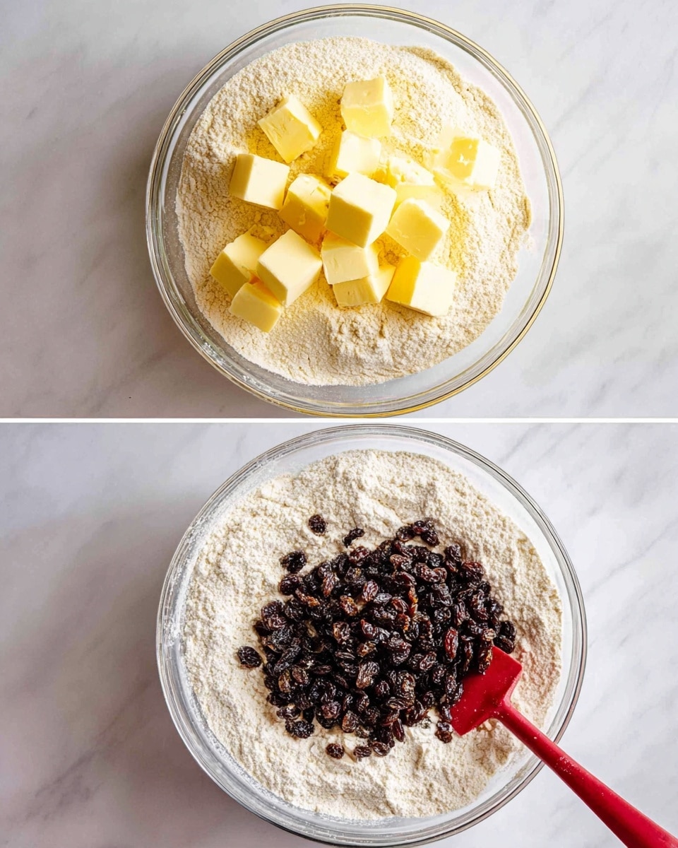 The image shows two clear glass bowls on a white marbled surface, each containing a baking mixture. The left bowl has a base layer of pale flour with several cubes of yellow butter sitting in the center. The right bowl contains the same pale flour base, with a large pile of dark raisins placed on top, and a red spatula partially in the bowl, resting against the edge. Both bowls are viewed from above, showing the layers distinctly. Photo taken with an iphone --ar 4:5 --v 7