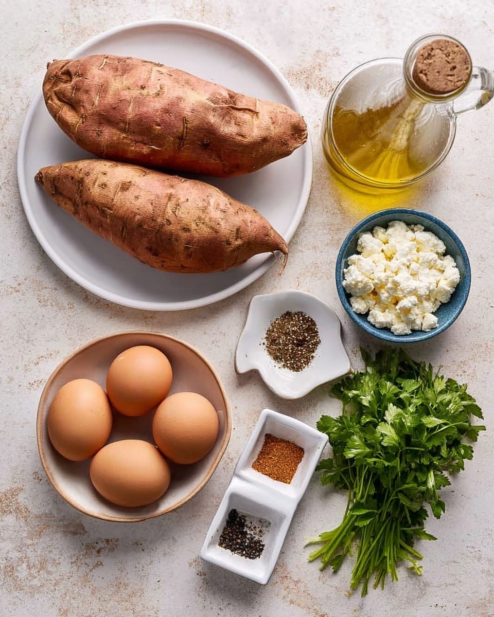 The image shows raw ingredients arranged neatly on a white marbled surface. On the left, there is a white plate holding two large, brown-skinned sweet potatoes with a rough texture. In the center, a round bowl contains four smooth, brown eggs. To the right, a small white dish has divided sections holding salt and pepper. Next to that, there is a small white bowl with a dark spice mix, and behind it, a small blue bowl filled with white crumbled cheese. Behind all these, a clear glass bottle filled with golden olive oil is placed next to a small bunch of fresh green parsley. photo taken with an iphone --ar 4:5 --v 7