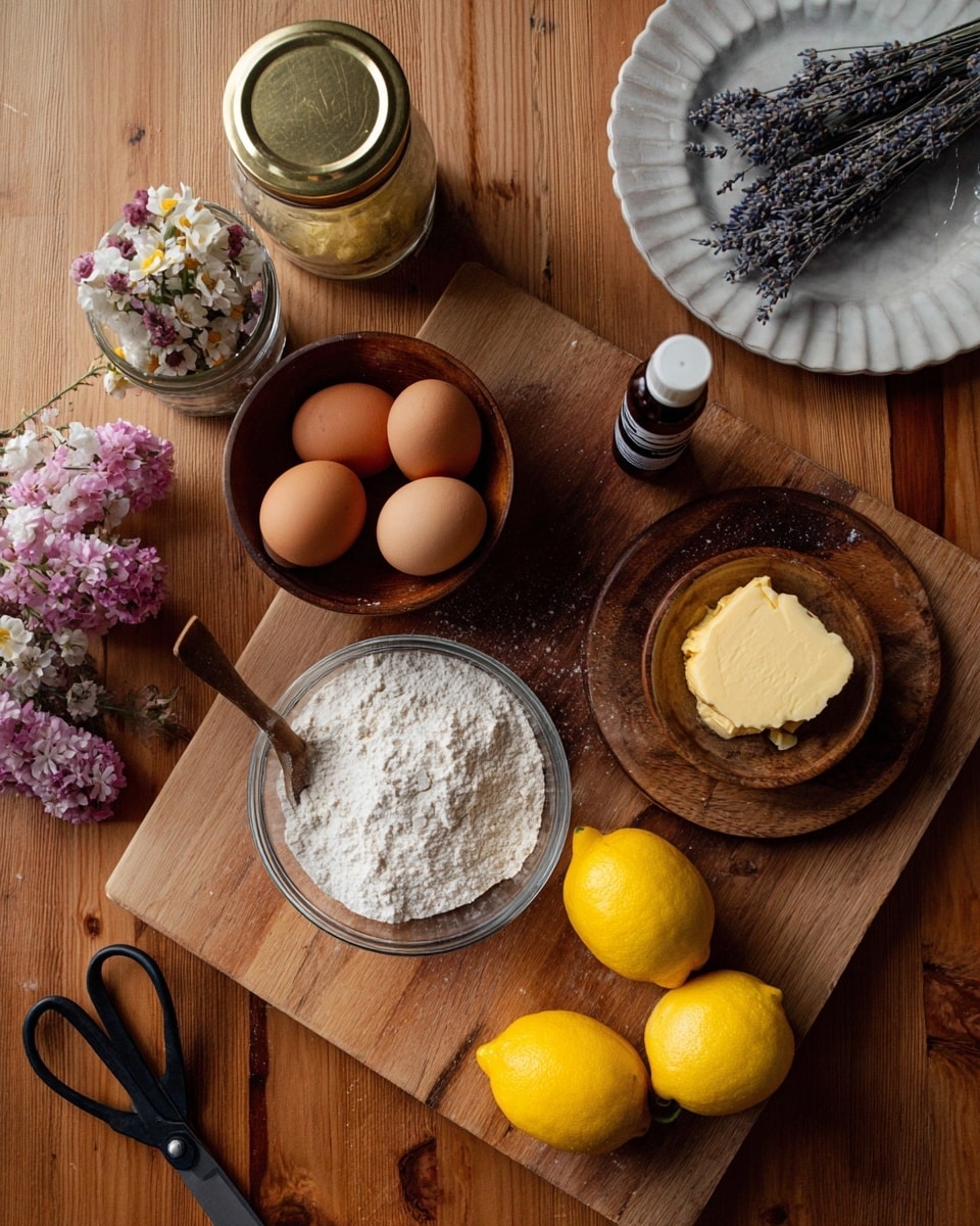 The image shows a wooden cutting board on a wooden table with a few kitchen items arranged around. At the center of the board, there is a wooden bowl with four brown eggs. On the same board to the right is a small wooden bowl with a block of pale yellow butter and a spoon resting in it. Next to the butter are three bright yellow lemons placed on the table. In front of the lemons, there is a clear glass bowl filled with white flour. Above the eggs is a small brown bottle with a dropper cap lying horizontally. To the top right, there is a white plate with dried lavender flowers. On the left side, there is a jar with a gold lid and a small bouquet of pale pink and purple flowers. A pair of black scissors lies at the bottom left corner on the table. The surface is wooden but replace with a white marbled texture. photo taken with an iphone --ar 4:5 --v 7