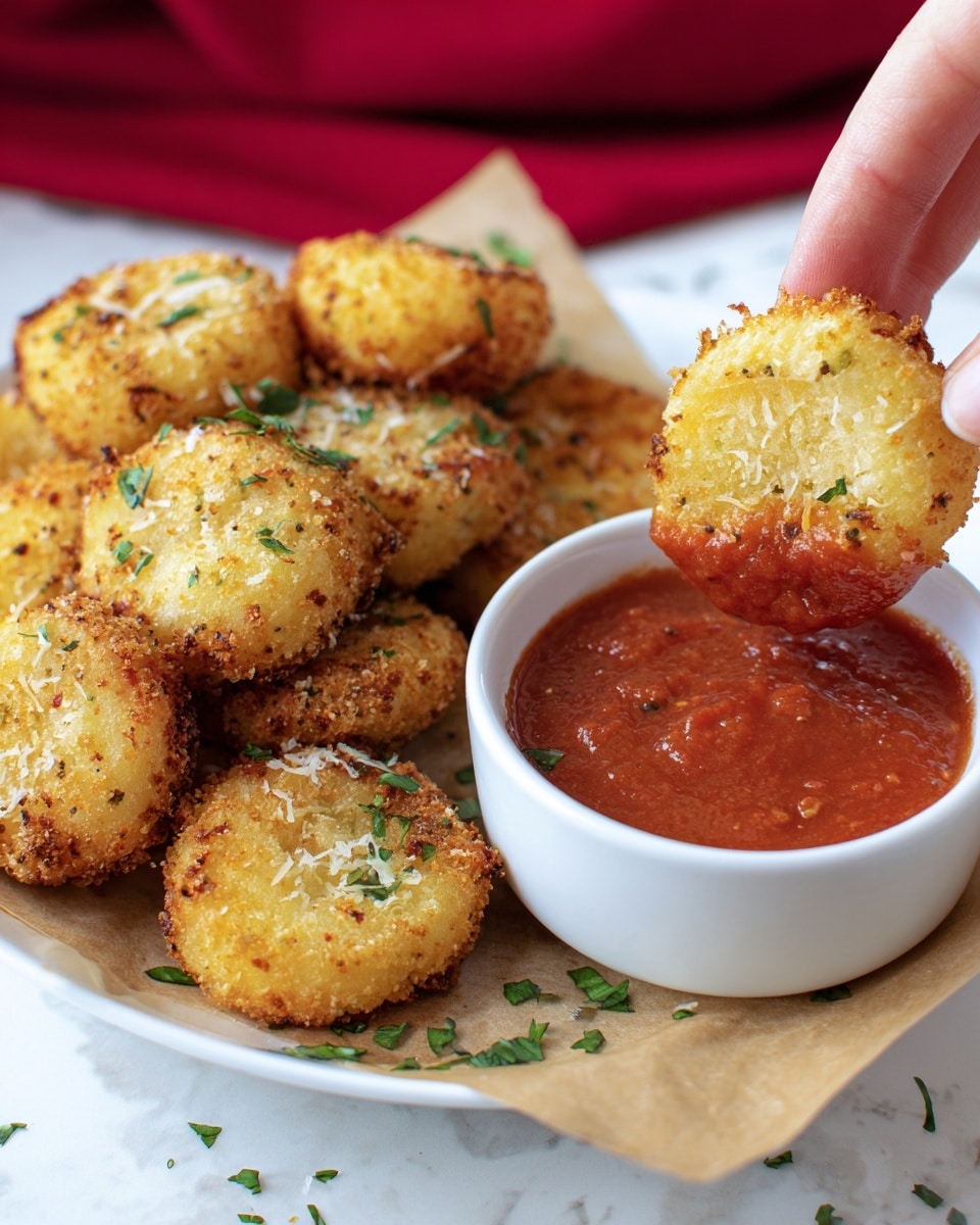 The image shows a pile of round, golden-brown crispy nuggets with a light, crunchy texture and sprinkled with small bits of green herbs on top. To the right, there is a small white bowl filled halfway with smooth, red marinara sauce with tiny chunks. A woman's hand is holding one nugget, dipping it halfway into the sauce. The background features a white marbled texture with some scattered green herbs. A red cloth is blurred in the background photo taken with an iphone --ar 4:5 --v 7