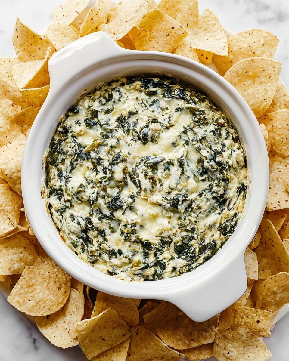 A round white ceramic pot filled with a creamy green spinach dip that has a slightly browned top layer with small crunchy bits and mixed with chunks of white cheese or onions, giving it a textured look. A woman’s hand holding a light beige round tortilla chip dipping into the middle of the pot, scooping a thick portion of the dip that shows a creamy and leafy mix. The pot sits on a white marbled surface with some tortilla chips scattered around its base, adding a casual and inviting feel. photo taken with an iphone --ar 4:5 --v 7