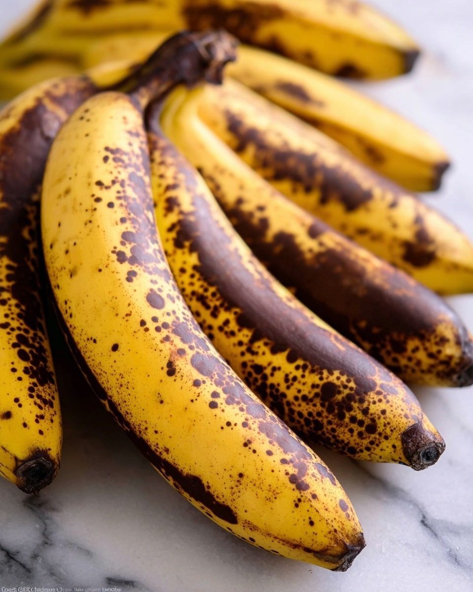A close-up view of a bunch of ripe bananas with yellow skin covered in many dark brown spots and patches. The bananas have thick, dark brown stems at the top and are lying on a white marbled surface. The focus is clear on the front bananas, showing the detailed texture of the spots and smooth yellow skin with some soft brown areas. The background has more bananas, slightly out of focus. photo taken with an iphone --ar 4:5 --v 7