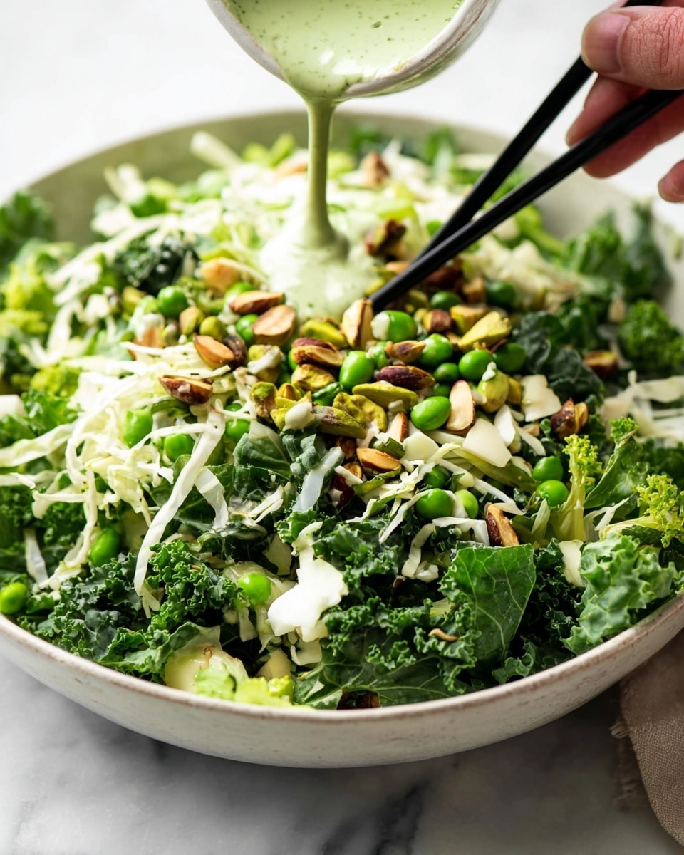 A large white bowl is filled with a vibrant green salad, layered with curly kale leaves, shredded white cabbage, bright green peas, and chopped cucumber pieces. Scattered on top are roasted pistachio nuts adding a light brown color and texture. The salad is generously drizzled with a creamy green dressing which is being poured by a woman's hand holding black chopsticks. The bowl sits on a white marbled surface. photo taken with an iphone --ar 4:5 --v 7