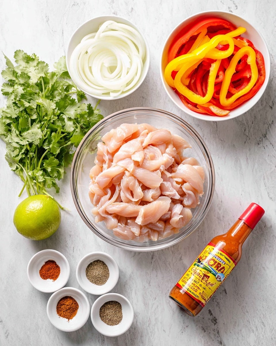A clear glass bowl in the center filled with pale pink, thinly sliced raw chicken strips. Above it, two white bowls; the left one holds thin white onion slices, and the right one contains bright red and yellow bell pepper strips. To the left of the glass bowl, there is a bunch of fresh green cilantro and a whole lime with a yellow-green color. Below the glass bowl is a small white bowl with five different spices arranged in small piles, showing colors like brown, red, and green. On the right side of the glass bowl, a bottle of hot sauce with a yellow and red label leans slightly on the white marbled surface background. The whole setup rests on a white marbled texture. photo taken with an iphone --ar 4:5 --v 7