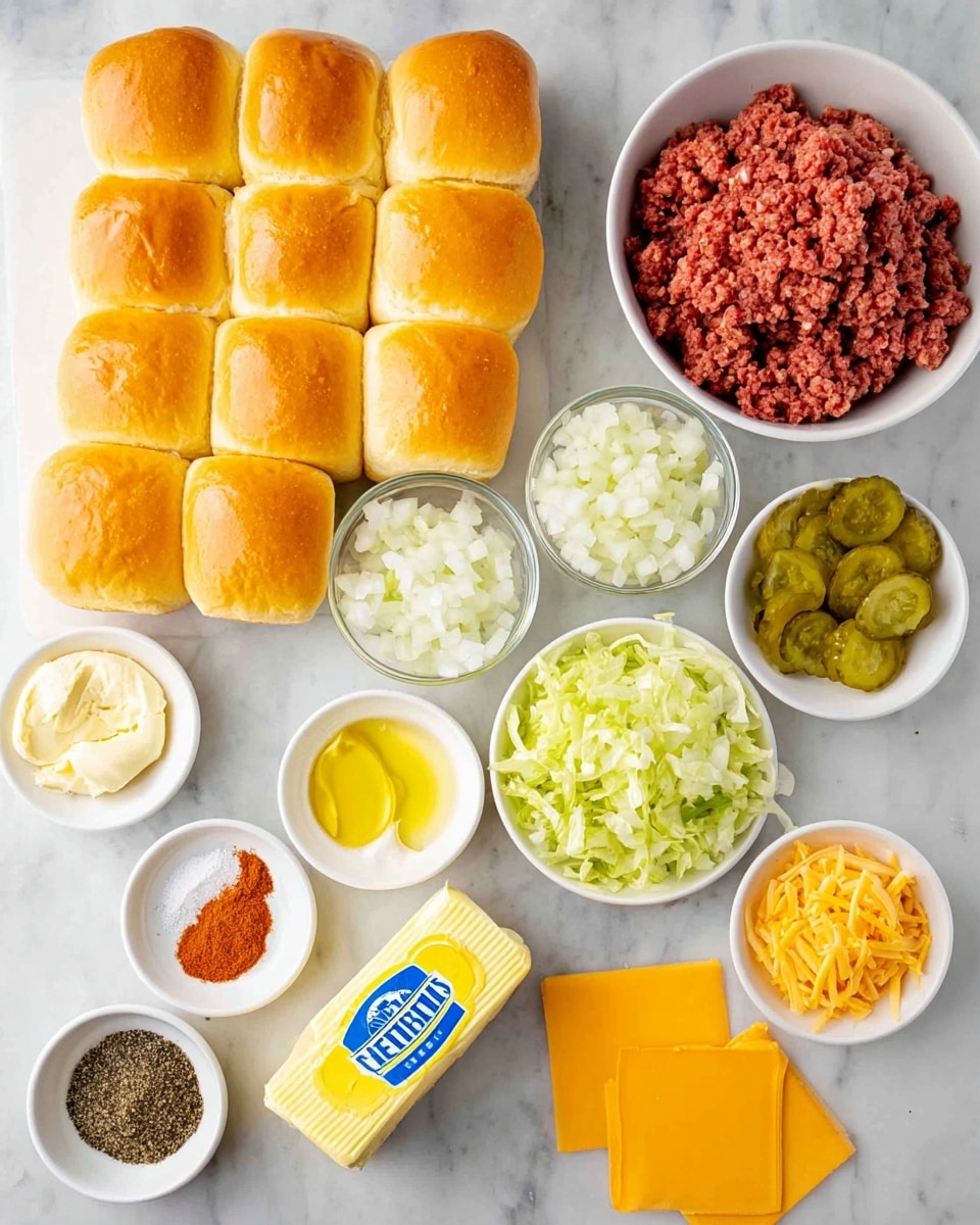 The image shows a collection of sandwich ingredients neatly arranged on a white marbled surface. In the top left corner, there's a group of soft, golden brown slider buns in three rows. To the right, a white bowl holds a mix of red ground meat. Below the buns and meat, several small white bowls contain finely chopped white onions, yellow mustard, pale mayonnaise, grated lettuce, and green pickles. There is also a small bowl with green relish. Near the bottom left side, two small white dishes hold different spices: one with black pepper and garlic powder, and the other with three types of powdered seasoning in shades of orange, red, and yellow. Three bright orange-yellow slices of cheese lie flat next to a stick of unsalted butter wrapped in a yellow and blue label. The ingredients are cleanly arranged, showing a clear view of textures and colors. Photo taken with an iphone --ar 4:5 --v 7