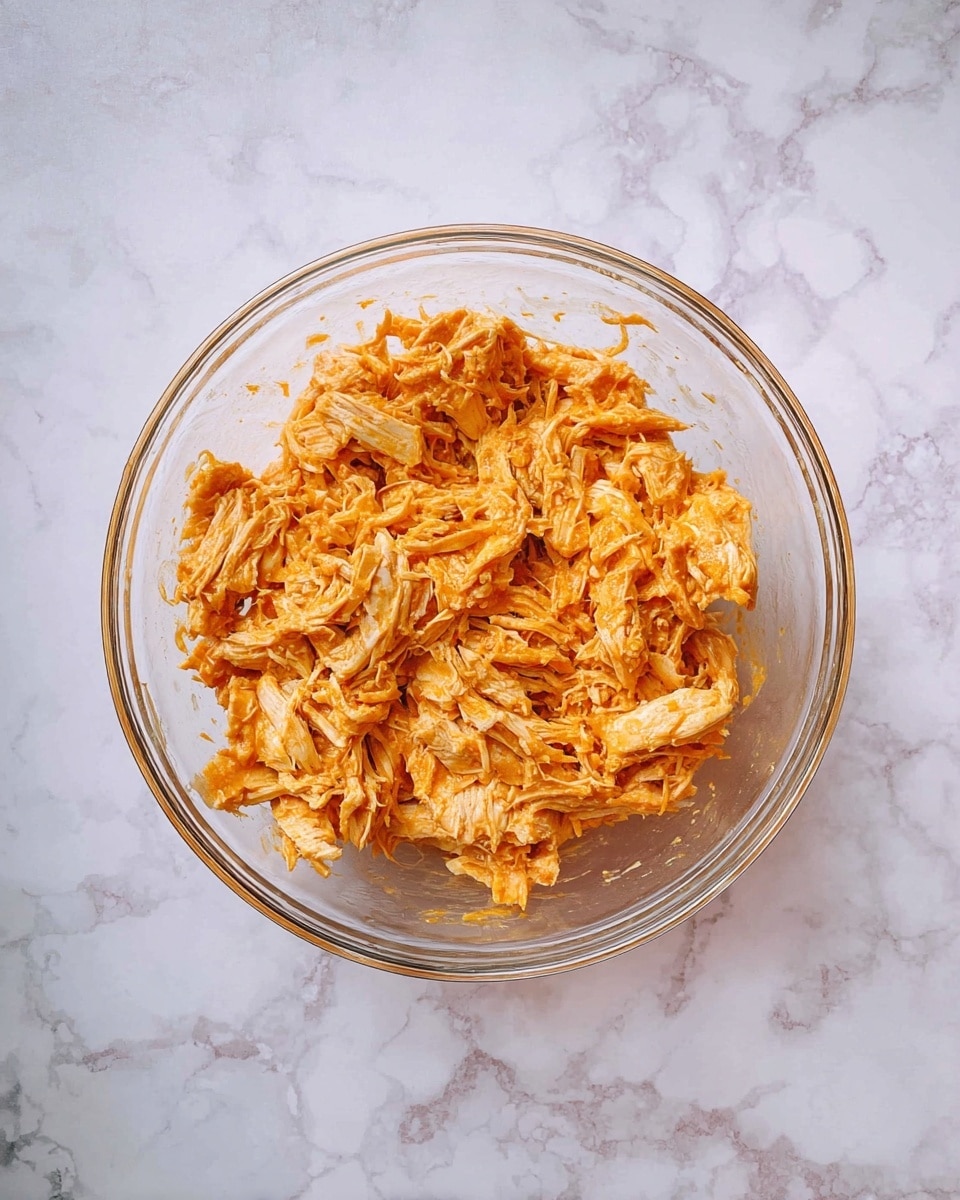 A clear glass bowl filled with shredded cooked chicken mixed in a creamy orange sauce, the chicken pieces vary in size and show soft, stringy textures all coated evenly by the sauce, placed on a white marbled surface. photo taken with an iphone --ar 4:5 --v 7