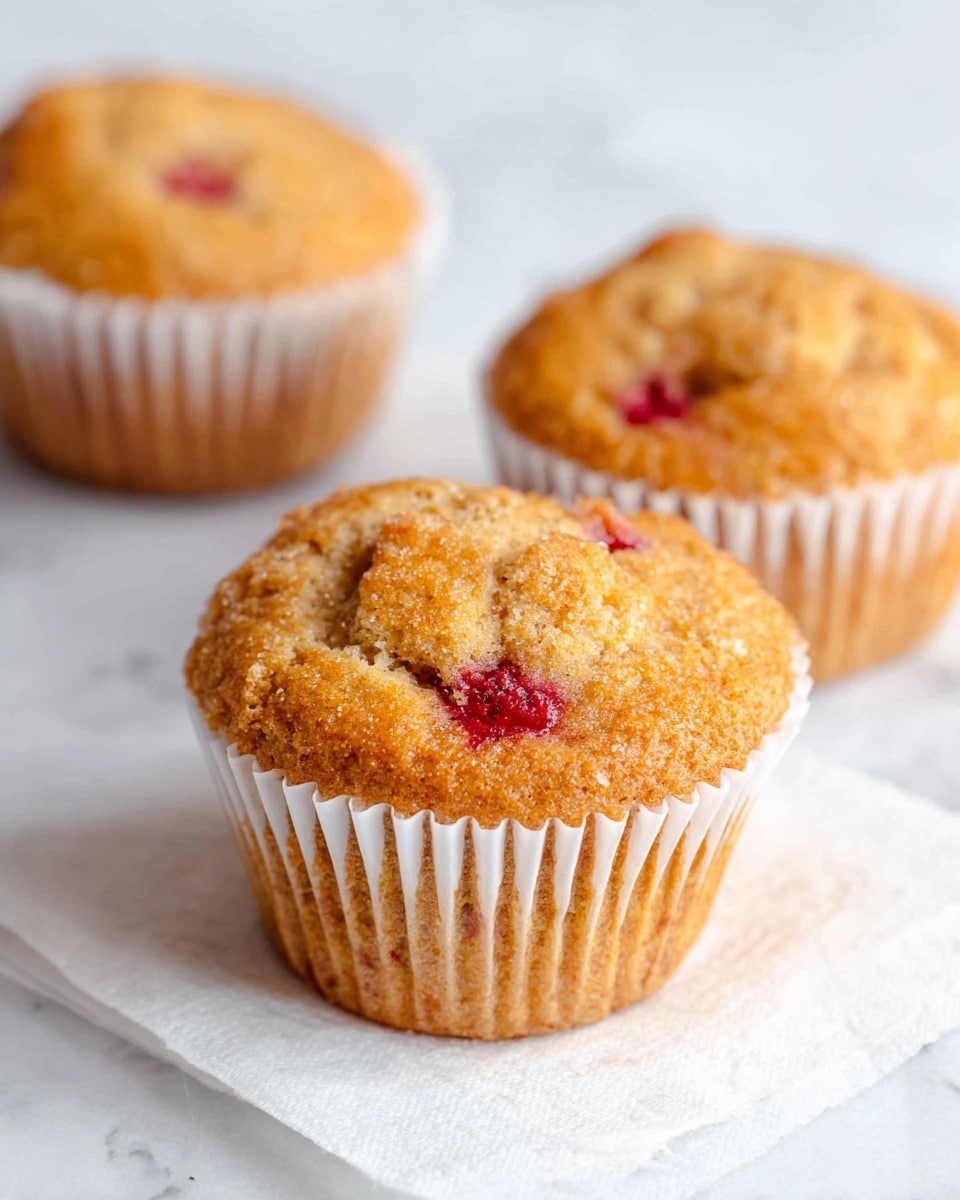 Three golden brown muffins with slightly cracked tops show bits of red berry inside. They sit on a white textured napkin placed on a white marbled surface. Each muffin is wrapped in a ridged white paper liner, and they have a soft, crumbly texture on top. The muffins are arranged with one close-up in the front and two blurry ones in the background, creating depth. photo taken with an iphone --ar 4:5 --v 7