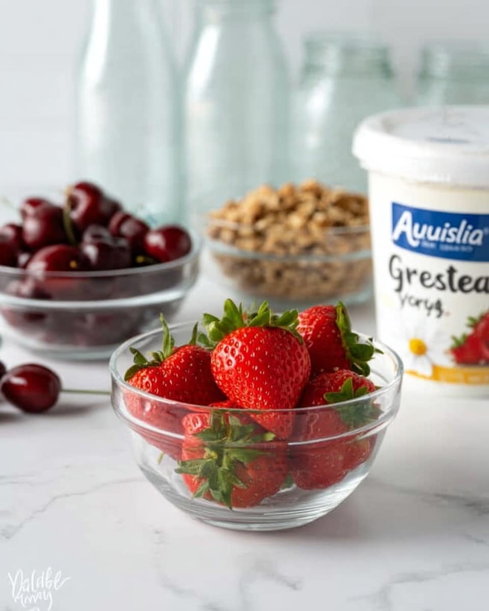 The image shows a clear glass bowl filled with fresh red strawberries with green leaves on top, placed in the front center on a white marbled surface. Behind it to the right is a white container of Aussie Greek vanilla bean yogurt, displaying a simple label with blue and yellow text and a vanilla flower. To the left of the yogurt, there are two more clear glass bowls: one filled with dark red cherries, and the other with light brown granola, both sitting on the same white marbled surface. In the far back, two clear glass jars are slightly blurred. The whole setup is clean, bright, and fresh. Photo taken with an iphone --ar 4:5 --v 7