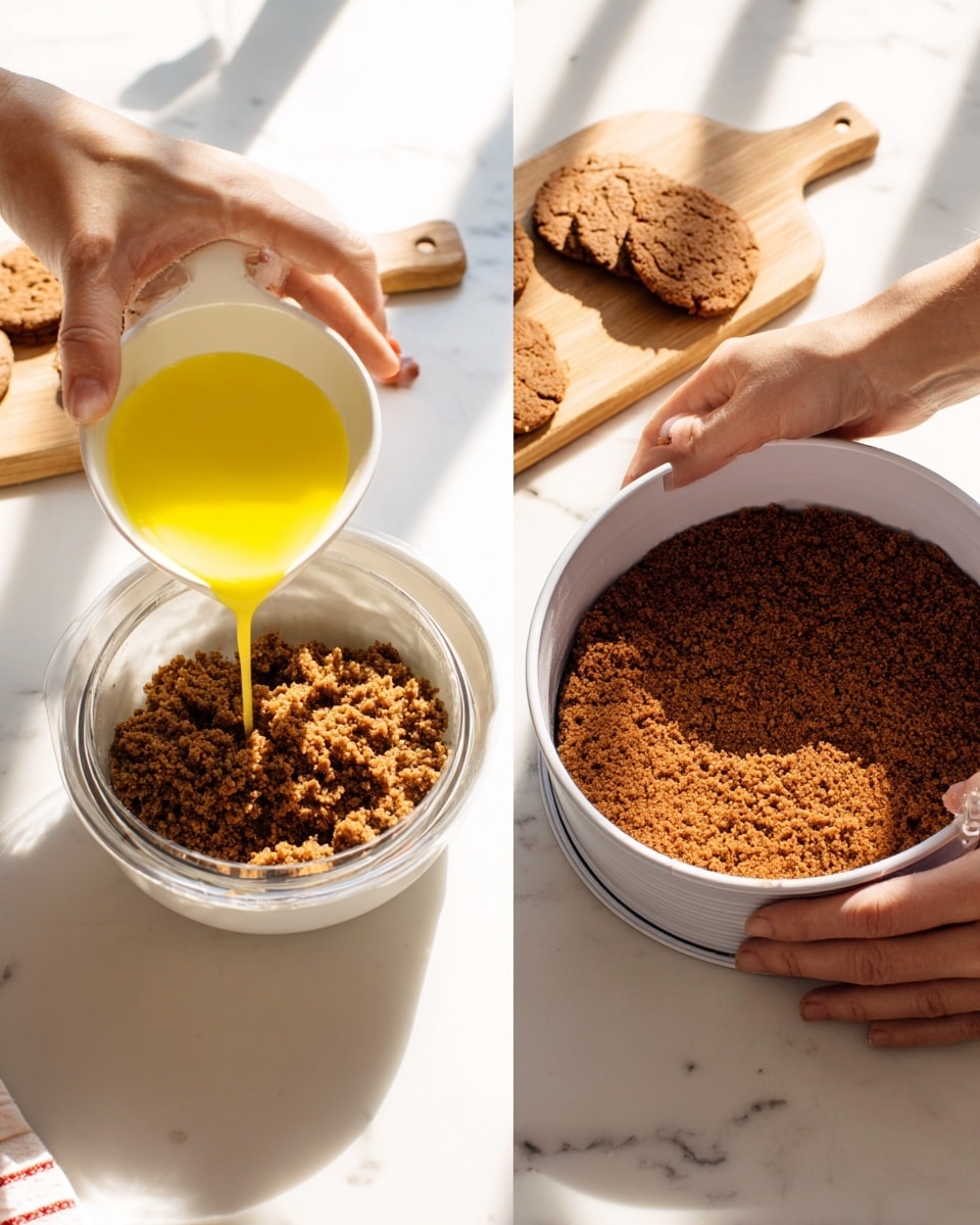 The image shows two scenes side by side on a white marbled surface. On the left side, a woman's hand is pouring melted yellow butter from a small white bowl into a larger white bowl filled with crushed brown cookies. Behind this bowl, there is a small wooden board with whole cookies placed on it. On the right side, a woman's hand presses the crushed cookie mixture down evenly into a white round springform pan using a clear glass. The cookie layer is brown and crumbly, filling the bottom of the pan. Bright natural light casts soft shadows over both scenes. Photo taken with an iphone --ar 4:5 --v 7