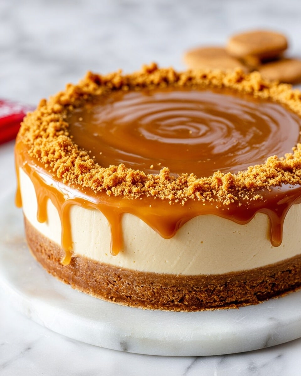 A close-up of a slice of cheesecake on a white plate, set on a white marbled surface. The cheesecake has three clear layers: a thick, dark brown crumbly crust at the bottom, a thick middle layer of light beige creamy filling with a smooth texture, and a shiny, smooth caramel-colored layer on top that looks glossy and slightly firm. Crumbled golden brown cookie crumbs are sprinkled more thickly along the back edge of the top layer. In the background, another slice of cheesecake sits slightly out of focus on a white plate. A few whole golden brown rectangular cookies with a scratch pattern are placed near the plate. Photo taken with an iphone --ar 4:5 --v 7