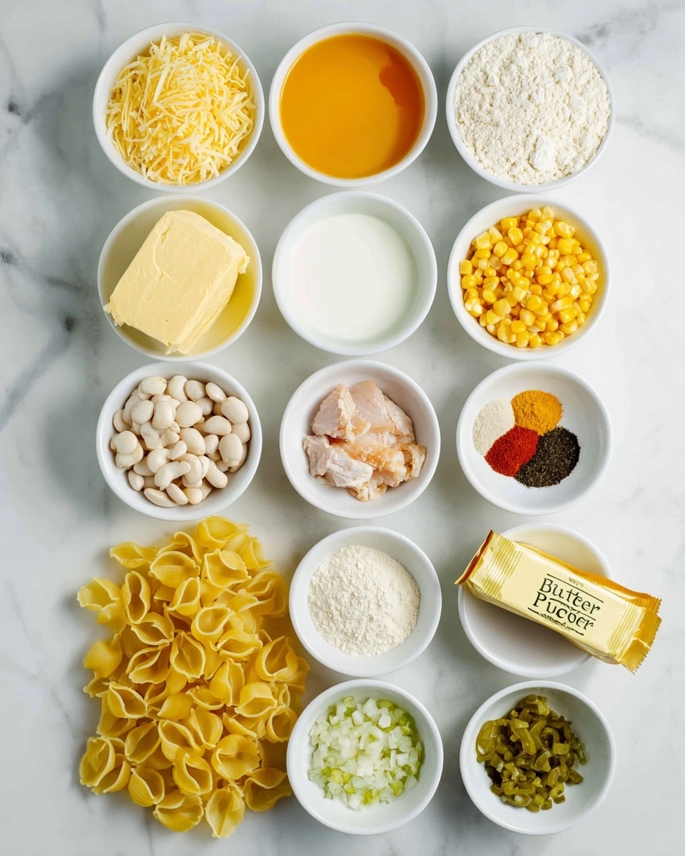 The image shows 11 small white bowls and one stick of butter arranged neatly on a white marbled surface. At the bottom is a pile of yellow uncooked shell pasta next to a stick of salted butter in its wrapper. Above them, from left to right, are small bowls with yellow grated cheese, melted orange-yellow butter, and a clear liquid. In the middle row, from left to right, there is a bowl of milk, a bowl of white flour, and a bowl with three spices: red, black, and green powders. On the top row, from left to right, are small bowls filled with white beans, yellow corn kernels, finely chopped onions, cooked chicken pieces, and green chopped pickles. The bowls are all evenly spaced in a tidy layout. Photo taken with an iphone --ar 4:5 --v 7