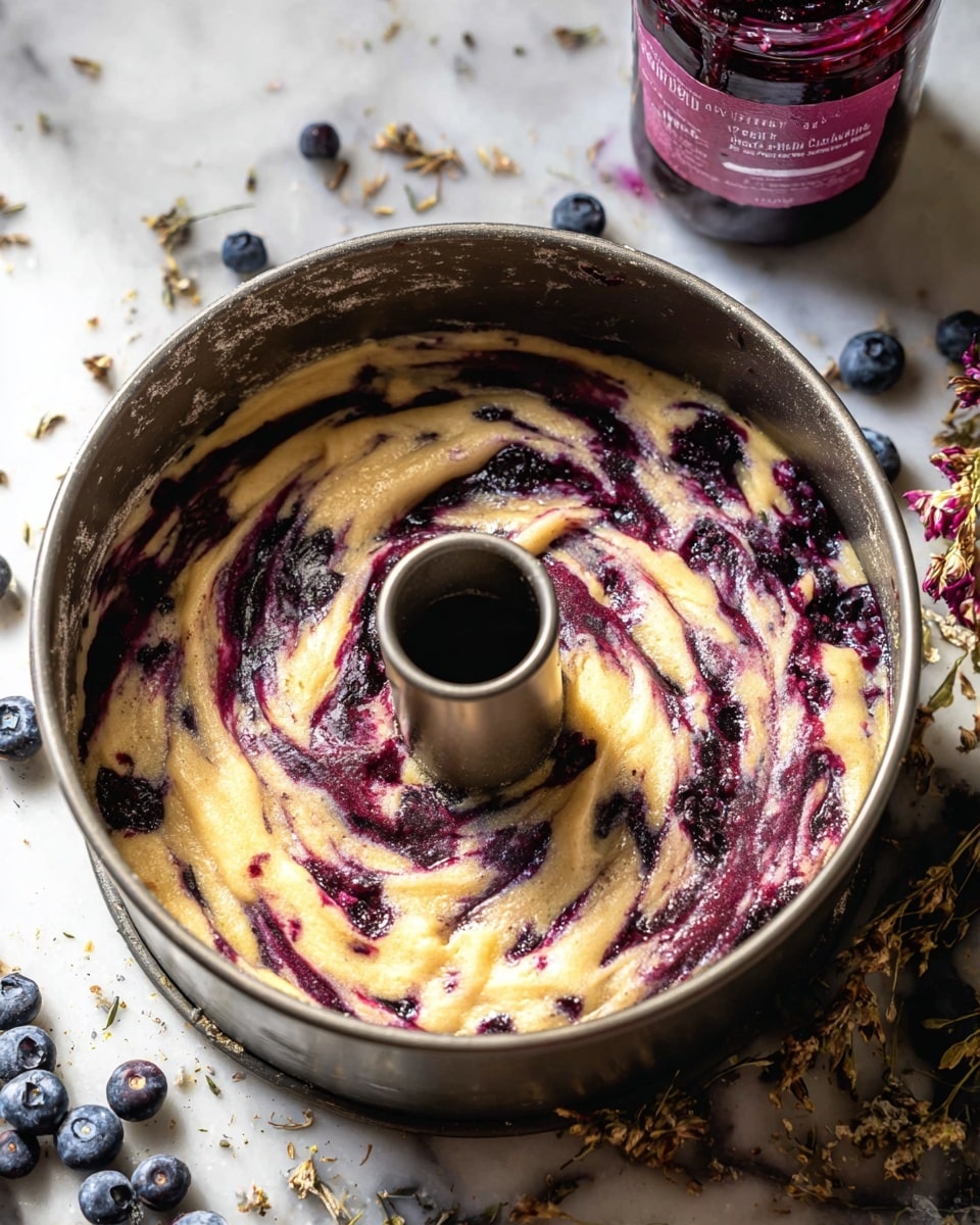 The image shows a round metal bundt cake pan filled with light yellow cake batter that has dark purple blueberry sauce swirled through it, creating a marbled effect with uneven, flowing lines. The pan sits on a white marbled surface, which has scattered fresh blueberries and some dried flowers on the right side. In the background, there is a jar of blueberry jam with a pink label that is slightly out of focus. The pan's inner tube is centered and empty, showing the metal texture inside. The batter appears thick with some flour dusted on top photo taken with an iphone --ar 4:5 --v 7