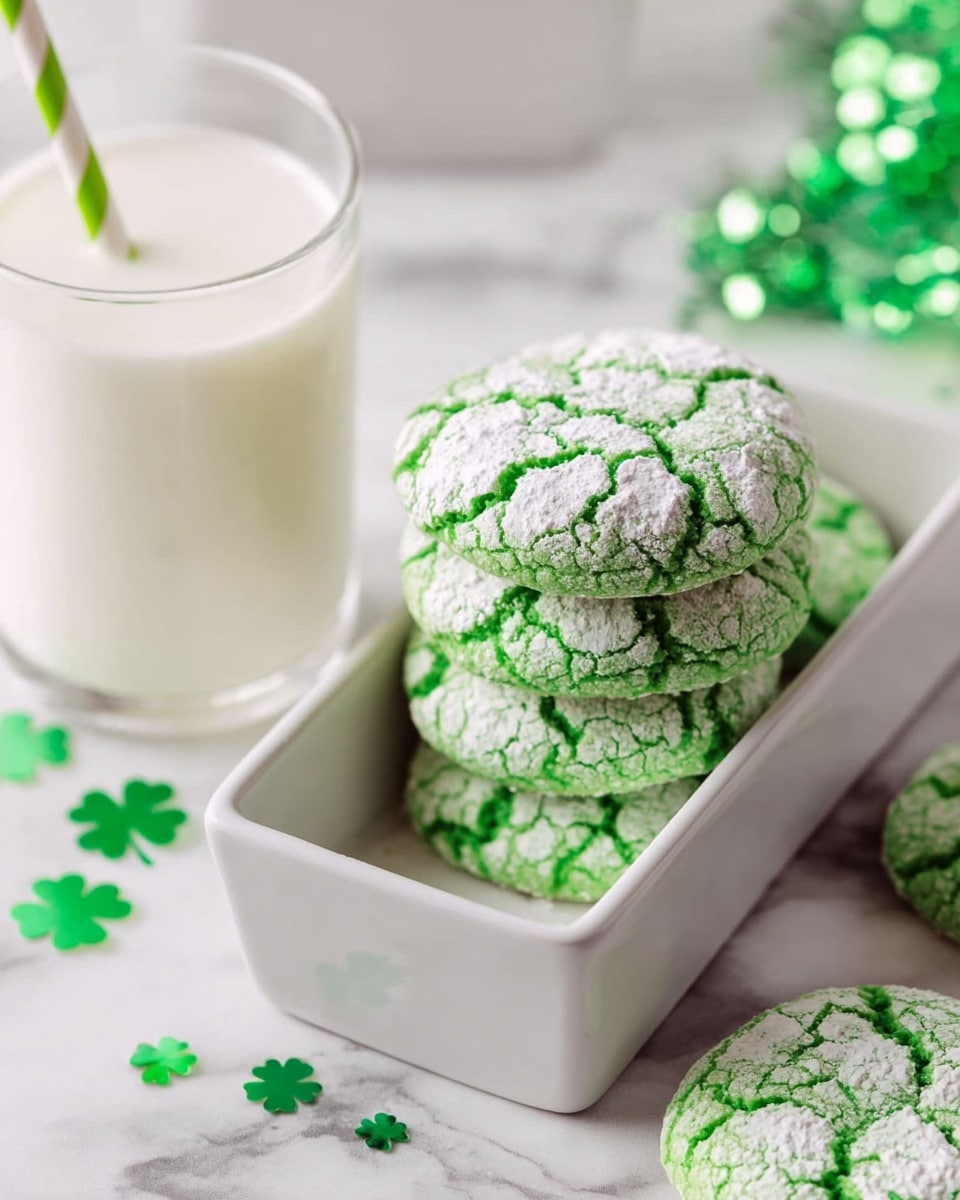 A white rectangular dish holds five round cookies stacked vertically, each cookie a bright green color with a cracked surface dusted with white powdered sugar. Near the dish, on a white marbled surface, more similar cookies lie flat. In the background, there is a clear glass filled halfway with milk, with a white and green striped paper straw inside. Small green shamrock-shaped confetti pieces decorate the surface around the cookies and dish. Photo taken with an iphone --ar 4:5 --v 7
