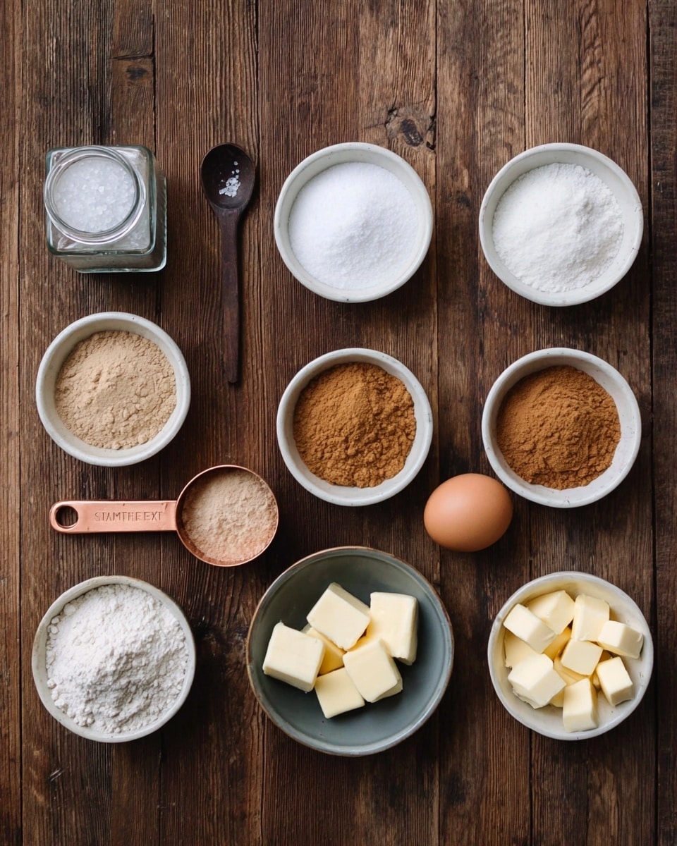 The image shows a wooden table with eleven small white bowls and containers arranged neatly. From left to right, the top row has a small jar of coarse salt with a dark spoon, a white bowl filled with white powder, a white bowl with light brown powder, then two white bowls with darker shades of brown powders, and finally an egg placed directly on the table. The bottom row shows a copper measuring cup filled with light brown sugar, a grey bowl full of white flour, a white bowl containing butter cubes, and another white bowl with fine white powder. The colors range from white and yellow to shades of brown, and all items are neatly placed against the wooden tabletop photo taken with an iphone --ar 4:5 --v 7