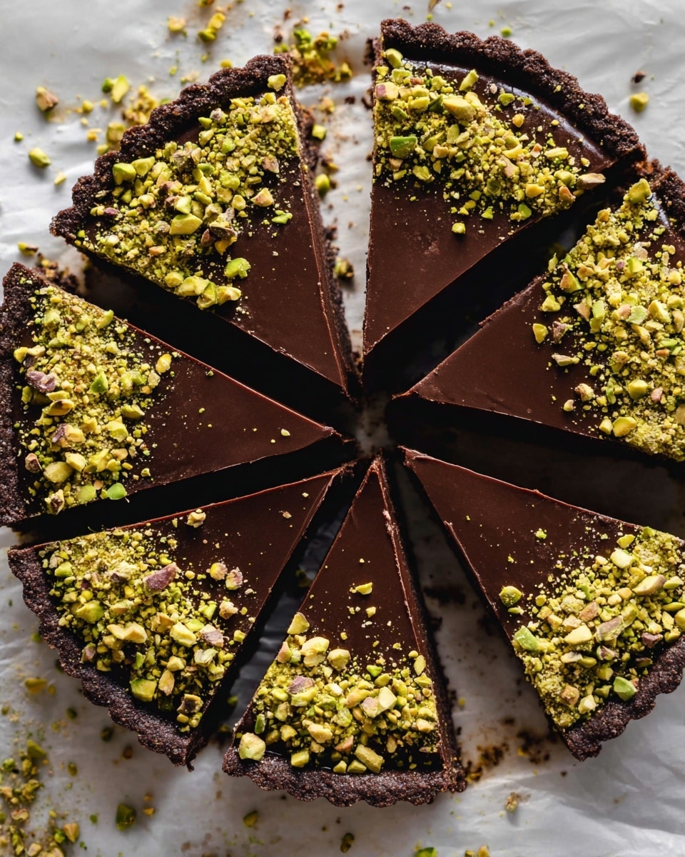A round chocolate tart is sliced into ten pieces, each slice showing a smooth, dark chocolate layer on top. The crust is slightly darker, forming the base around the edges. The tart is decorated with crushed green pistachios mainly on one side of each slice, adding a rough texture and bright green color that contrasts with the dark chocolate. The tart sits on white parchment paper over a white marbled surface. Some crushed pistachios are scattered around the tart. photo taken with an iphone --ar 4:5 --v 7