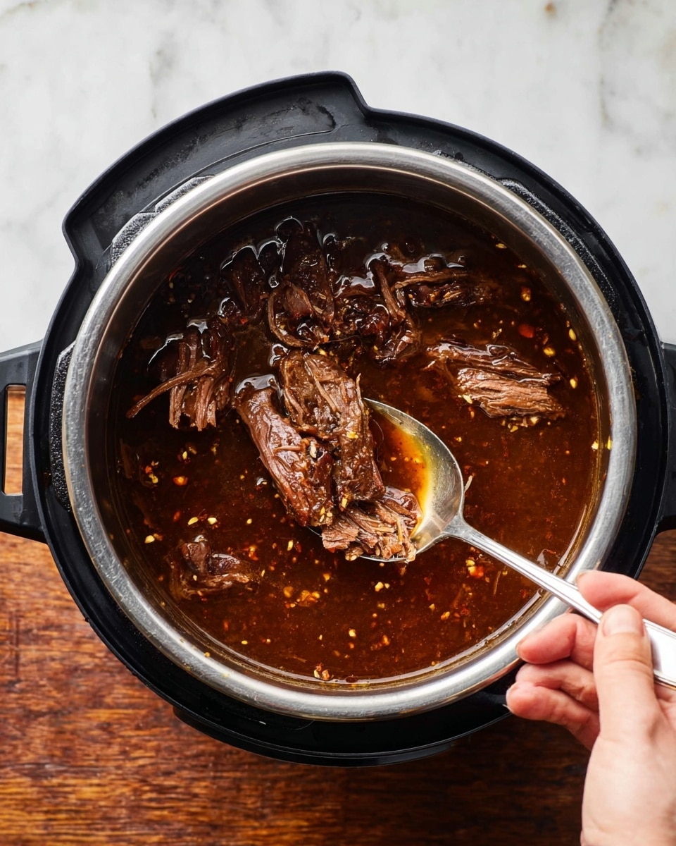 A black electric cooker filled with dark brown, rich broth and large pieces of tender meat. The meat looks soft and shredded, sitting in the thick liquid that has small bits of seasoning floating in it. A woman's hand on the right side is holding a silver spoon lifting a few chunks of the meat from the pot. The pot is placed on a white marbled surface that contrasts with the black cooker and the deep brown stew inside. photo taken with an iphone --ar 4:5 --v 7