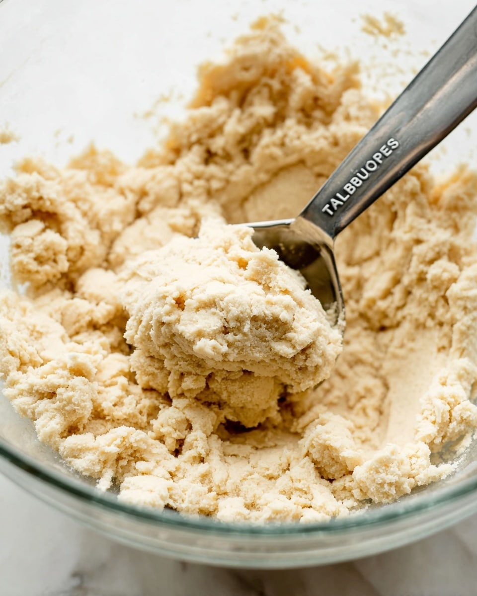 The image shows a close-up of a thick, light beige dough with a soft, slightly crumbly texture in a clear glass bowl. A metal measuring spoon labeled