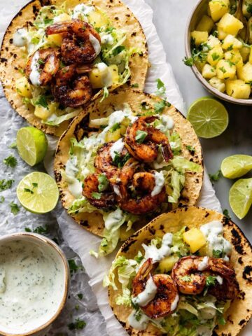 Sheet Pan Jalapeño Pineapple Shrimp Tacos with Cilantro Garlic Sauce Recipe