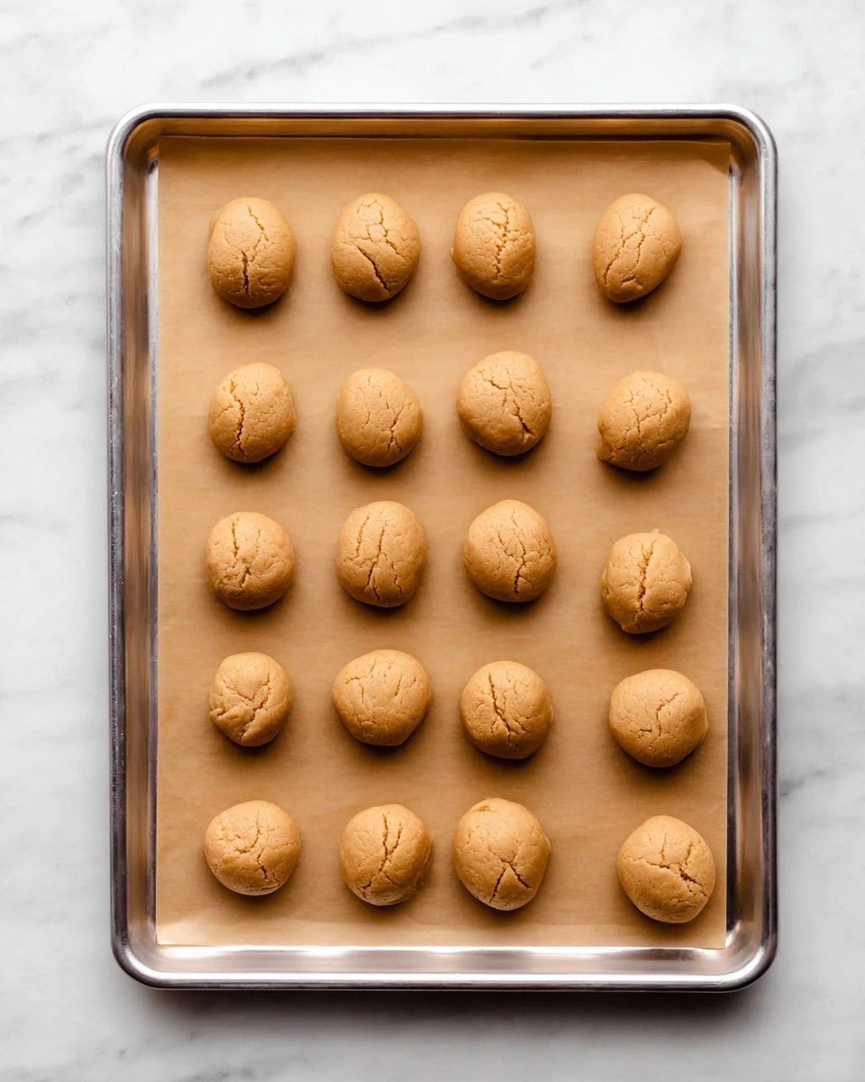 A silver baking tray lined with light brown parchment paper holds 20 small dough balls arranged in four rows of five. Each dough ball is light tan and slightly rough, shaped into small rounded mounds with some cracks and uneven surfaces. The tray sits on a white marbled surface that adds a clean and bright contrast to the warm tones of the dough and parchment paper. photo taken with an iphone --ar 4:5 --v 7