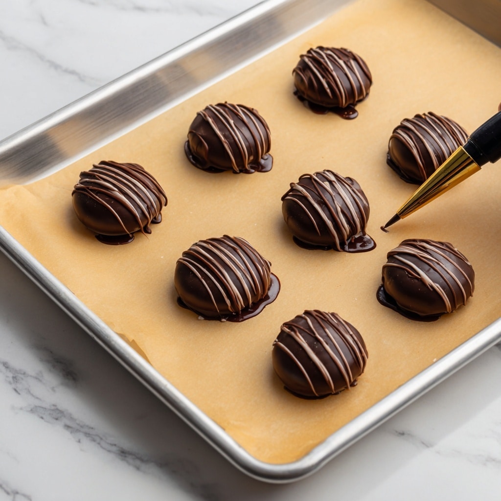 The image shows a silver baking tray lined with brown parchment paper on a white marbled surface. On the parchment, eight round dark brown chocolate-covered treats are placed in no strict order, each decorated with thin diagonal lines of shiny chocolate drizzled over the top. The chocolate coating on the treats is smooth and glossy, and some small pools of chocolate have spread slightly onto the parchment. In the lower left corner of the tray, the tip of a chocolate drizzle bottle points towards the treats. photo taken with an iphone --ar 4:5 --v 7