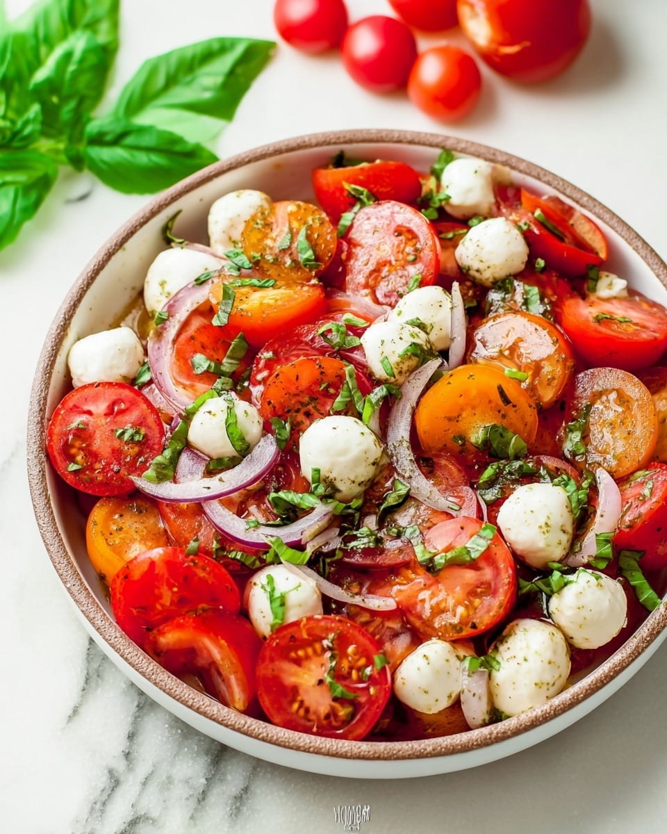 A round white bowl filled with a fresh salad made of bright red and orange tomato slices spread evenly as the base layer, topped with small white mozzarella balls scattered throughout, thin light purple onion rings mixed in, and finely chopped fresh green basil leaves sprinkled on top, all glistening with a light dressing. The bowl sits on a white marbled surface with a few whole cherry tomatoes and bright green basil leaves blurred in the background, photo taken with an iphone --ar 4:5 --v 7