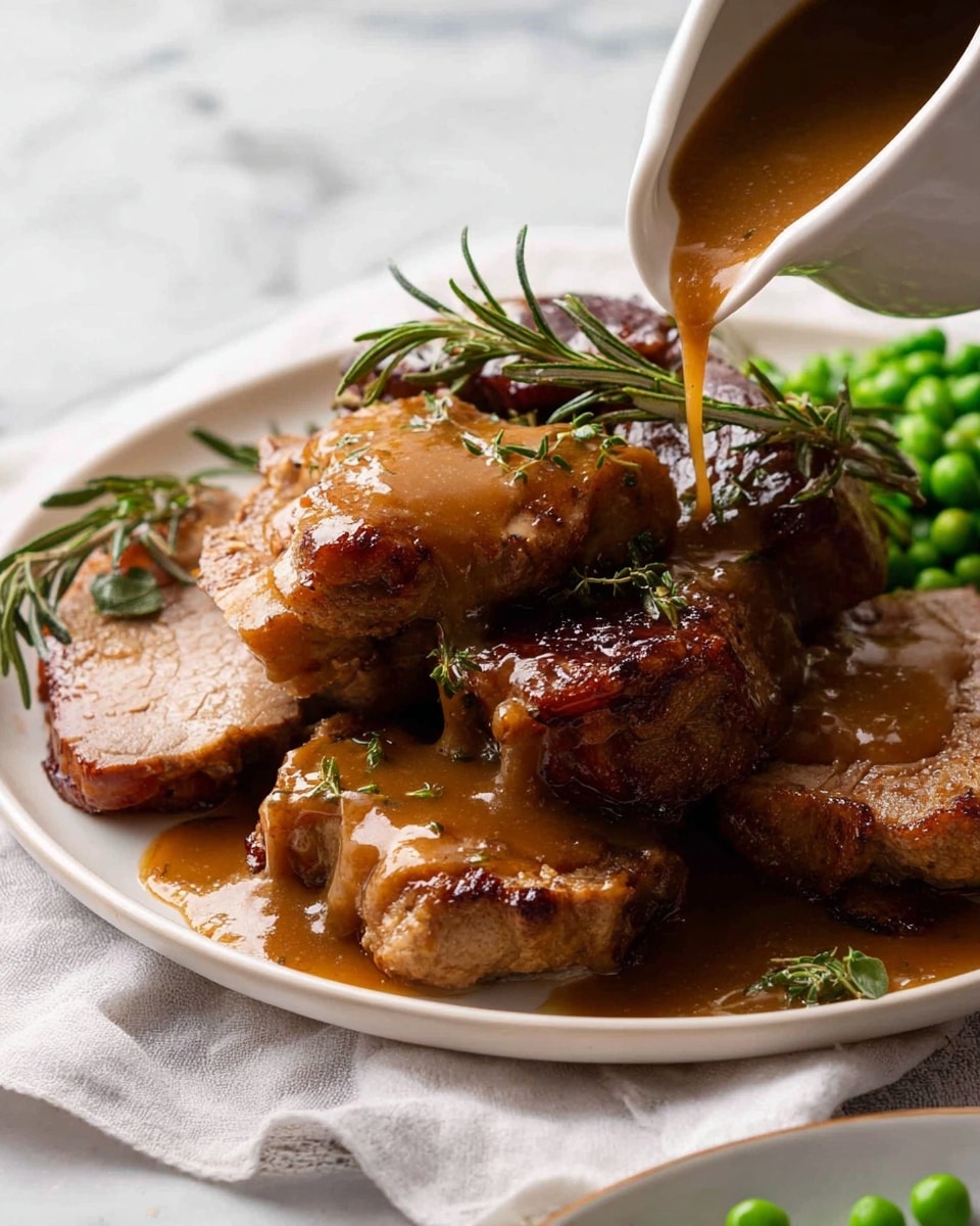 A white plate on a white marbled surface holds several pieces of cooked meat with a brown color, some of which are covered with light brown gravy and small green herb leaves. The meat pieces are stacked slightly, showing different textures from smooth gravy to browned, crispy edges. The top layer includes sprigs of fresh green rosemary. In the upper left of the plate, a white sauce boat with brown gravy is tilted as if pouring. A white cloth is partly visible under the plate, and a small part of another plate with green peas can be seen at the bottom right. Photo taken with an iphone --ar 4:5 --v 7