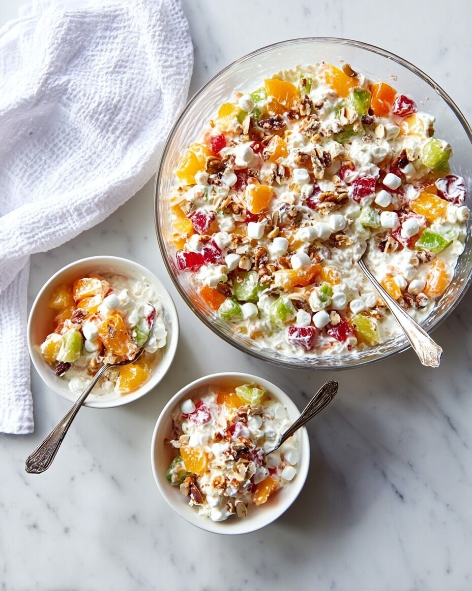 A large transparent bowl filled with a colorful layered fruit salad, showing bright orange, red, and green fruit pieces mixed with a white creamy dressing, small white marshmallow-like pieces, and brown nut bits scattered throughout. Two smaller white bowls beside it hold smaller portions of the same salad with silver spoons resting inside. The scene is set on a white marbled surface with a white cloth in the top left corner. A woman's hand is holding the spoon in the large bowl. photo taken with an iphone --ar 4:5 --v 7