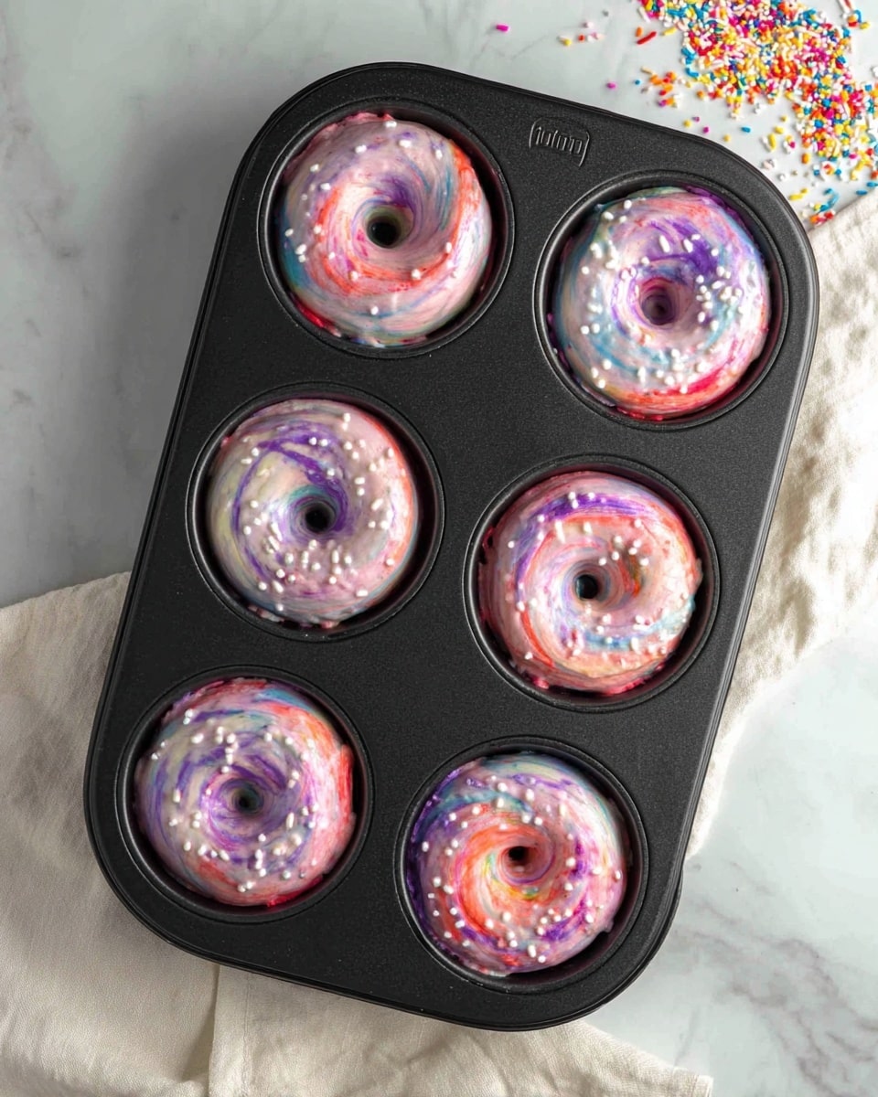 The image shows a black doughnut pan containing six wells filled with thick, swirled dough that has a light pink base color with visible streaks of bright colors like red, blue, purple, orange, and green mixed throughout. Each dough well has a smooth texture with small white sprinkle-like dots scattered on top. The pan rests on a white marbled surface with a soft white cloth underneath the bottom edge. Some colorful small sprinkles are lightly scattered on the surface near the pan's right side. photo taken with an iphone --ar 4:5 --v 7