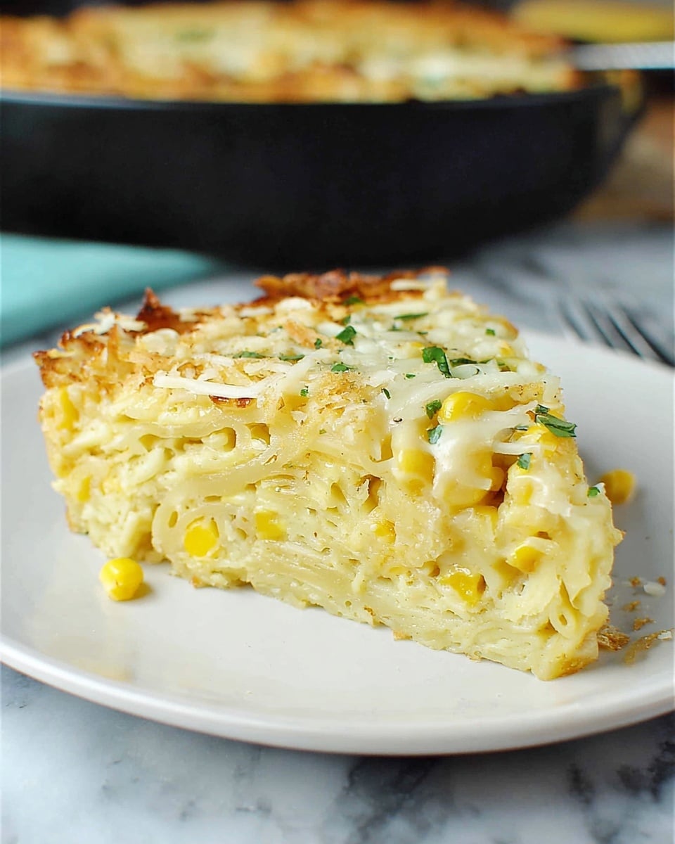 A single slice of a baked dish is placed on a white plate. The dish has three visible layers: the bottom layer is light yellow and dense, with tiny yellow corn pieces scattered inside. The middle layer is a soft mix of pasta and possibly eggs or cheese, also light yellow with a moist texture. The top layer shows shredded cheese melted over, with some green herb bits and small browned spots. The edges of the slice have a slight golden crust. The background has a blurred black pan holding the rest of the dish on a white marbled surface. Photo taken with an iphone --ar 4:5 --v 7