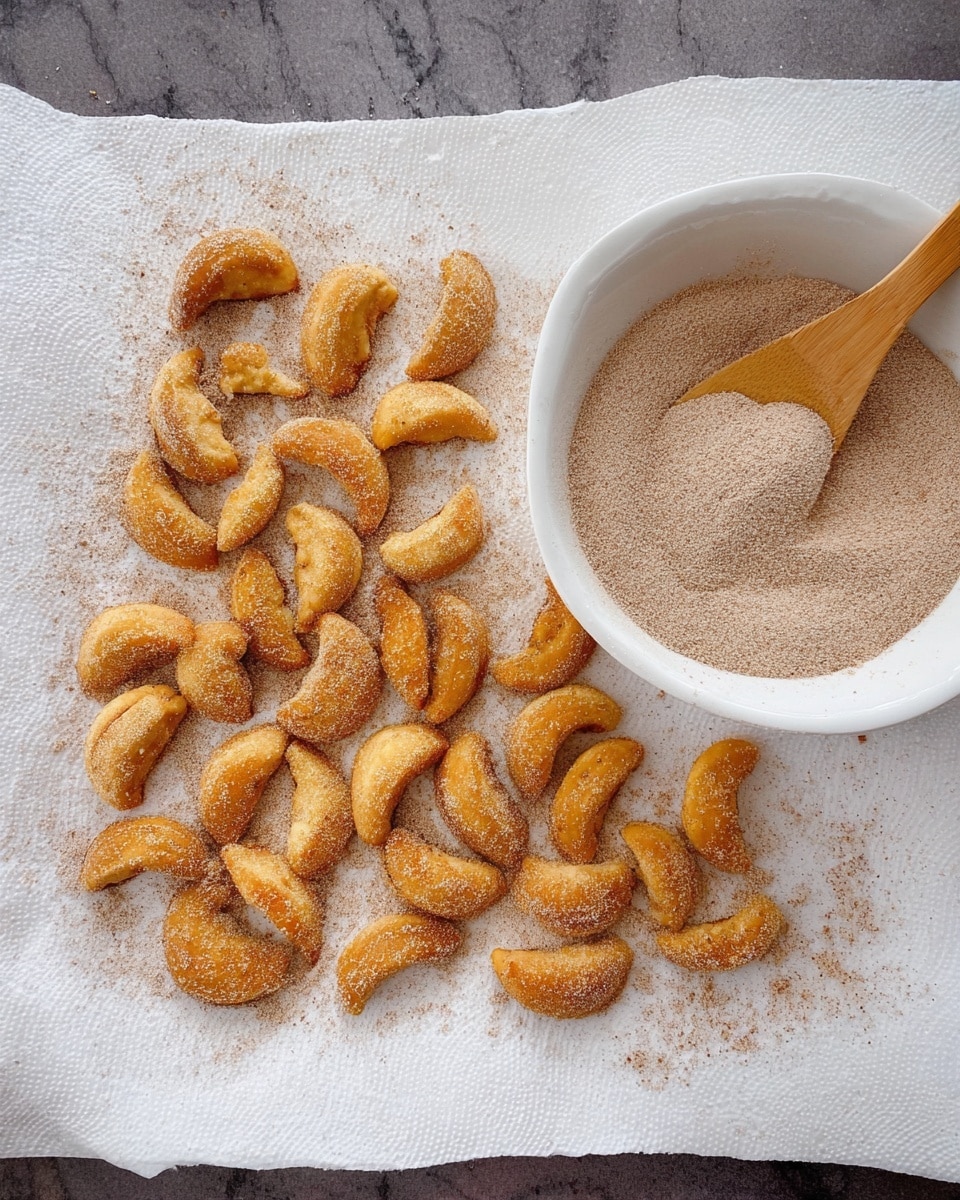 This image shows many small crescent-shaped pieces of food on a white paper towel with light brown powder sprinkled on them. The crescent pieces are light golden brown with a slightly crispy texture. To the right, there is a round white bowl filled with more light brown powder, and a wooden spoon rests inside the bowl, half covered in the powder. The background is a white marbled surface. The paper towel underneath the food looks textured and slightly crumpled. photo taken with an iphone --ar 4:5 --v 7