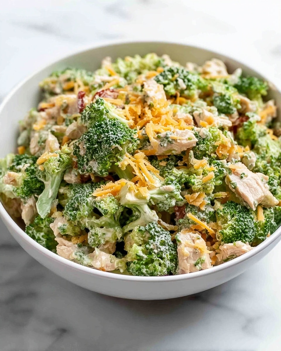The image shows a white bowl filled with a broccoli salad. The salad has three main layers: the first layer is made of small, bright green broccoli florets with a fresh, slightly rough texture; the second layer has pieces of light beige chicken mixed evenly throughout, adding a chunkier texture; the third layer consists of shredded orange cheddar cheese sprinkled on top, with a soft, flaky look. The salad is lightly coated in a creamy dressing that gives a glistening effect, blending the ingredients together. The bowl is placed on a white marbled surface, and the photo is taken with an iphone --ar 4:5 --v 7