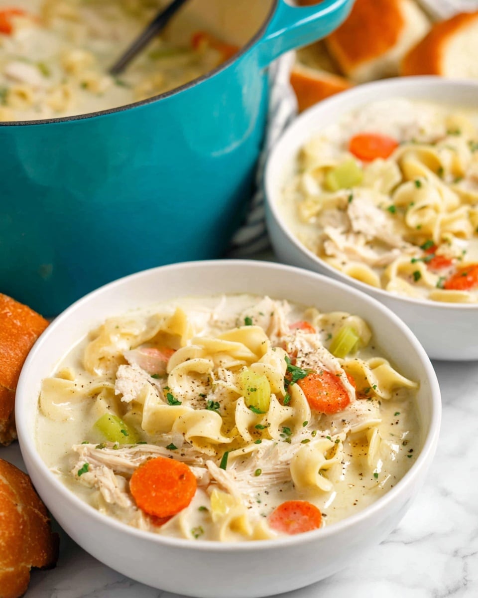 The image shows two white bowls filled with creamy chicken noodle soup, placed on a white marbled surface. Each bowl has three main layers: the creamy light beige broth as the base, mixed with soft yellow egg noodles, large pieces of light brown shredded chicken, and bright orange carrot slices and pale green celery pieces scattered throughout. The soup is topped with a sprinkle of finely chopped green herbs and black pepper. Behind the bowls, there is a large teal pot, partially filled with the same soup, showing similar contents. To the side, there are blurred orange slices of bread. Photo taken with an iphone --ar 4:5 --v 7