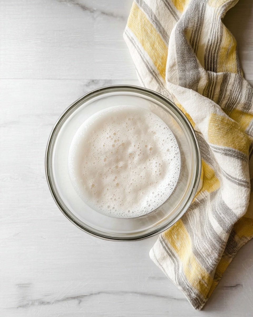 A clear glass bowl is placed on a white marbled surface. Inside the bowl is a layer of light, frothy foam with small bubbles, almost white in color. Next to the bowl, a soft, striped kitchen towel with yellow and gray stripes is folded casually. The overall look is clean and simple with soft natural light. Photo taken with an iphone --ar 4:5 --v 7