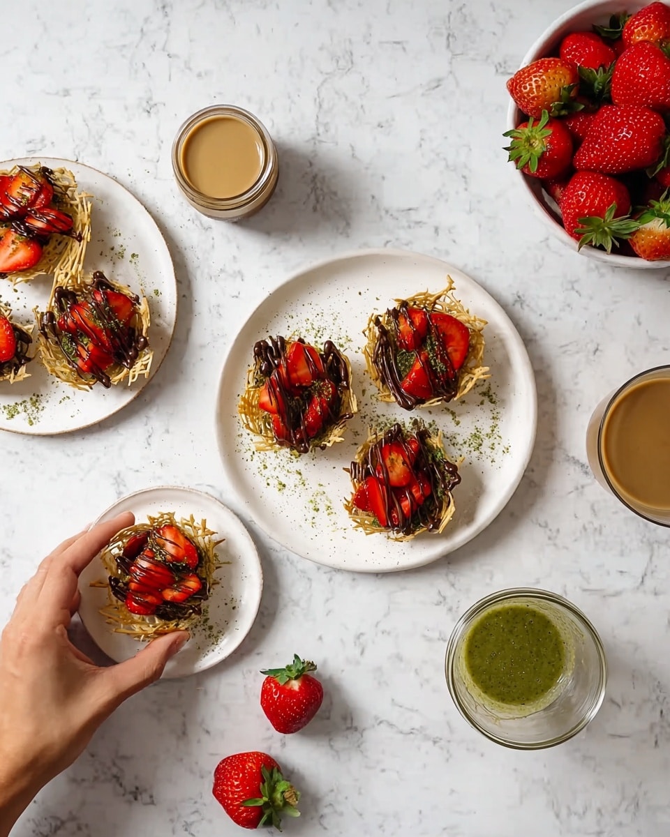 The image shows crispy nests made from thin strands of golden brown pastry on white plates, each nest filled with bright red sliced strawberries arranged on top. The nests are drizzled with dark chocolate sauce and some with a green matcha-like glaze. There are five nests on a larger white plate and two nests on smaller white plates. A woman's hand is holding one nest from the smaller plate. Around the plates, fresh whole strawberries are scattered on a white marbled surface, with a glass of layered coffee and a small bowl of the green glaze nearby. In the upper right corner, a white bowl filled with fresh strawberries is visible. photo taken with an iphone --ar 4:5 --v 7