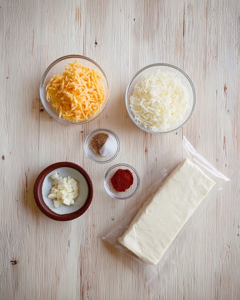 The image shows five different ingredients spread on a light wood surface with a white marbled texture. On the left, there is a small glass bowl filled with shredded orange cheese. To its right, another glass bowl holds white granulated cheese. Below these two, a small round brown dish contains some finely chopped white pieces, likely garlic. Next to it, a tiny glass bowl holds salt and a small portion of red spice, possibly paprika. On the right side, there is a rectangular block of a white, smooth sheet of dough still partly wrapped in clear plastic. Photo taken with an iphone --ar 4:5 --v 7