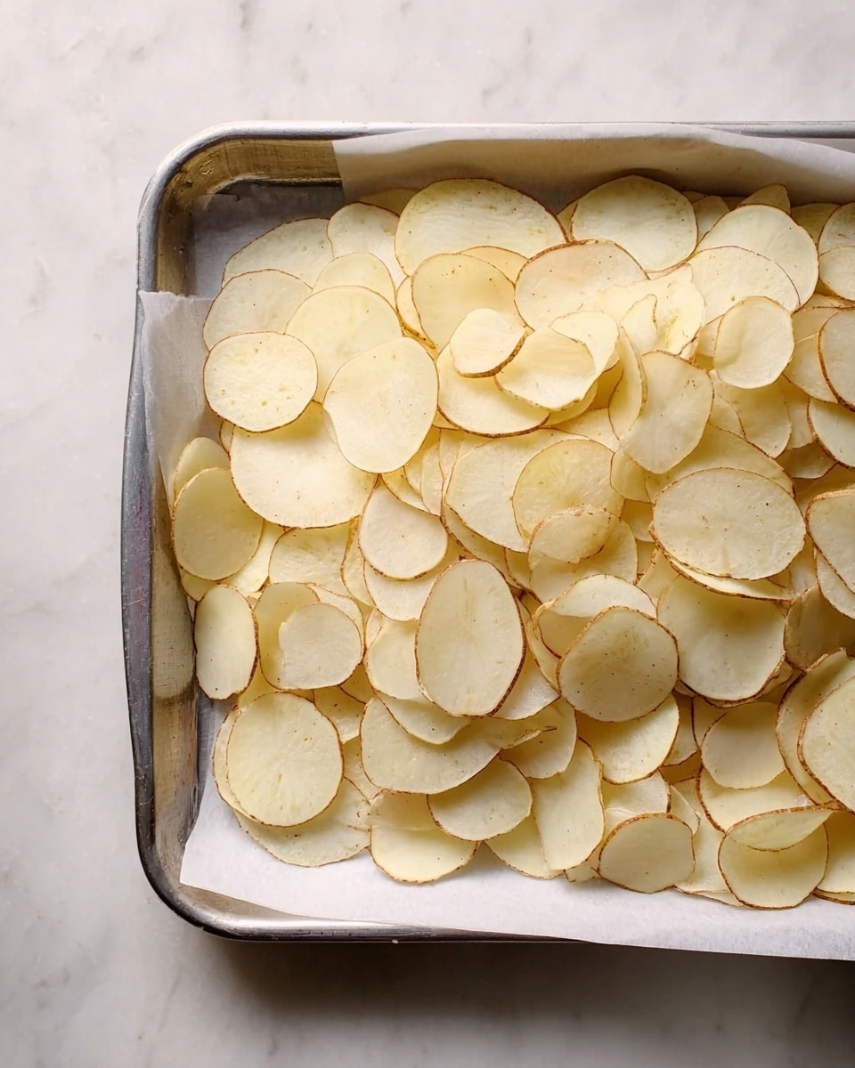 A metal tray lined with white paper holds many thin, round slices of raw potato. The slices are light cream color with some light brown edges showing their skin. They overlap each other loosely, covering the entire tray evenly. The tray is placed on a surface with white marbled texture. photo taken with an iphone --ar 4:5 --v 7