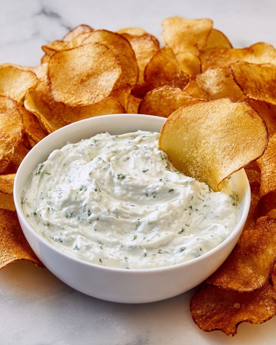 A white bowl filled with a thick, creamy white dip that has visible small green herb pieces throughout. The bowl is surrounded by golden brown potato chips that are thin and slightly curled at the edges. One chip is dipped halfway into the bowl, showing a contrast between the smooth dip and the crunchy chip. The whole arrangement sits on a white marbled surface. photo taken with an iphone --ar 4:5 --v 7