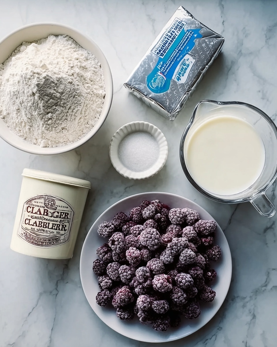 The image shows six containers with ingredients on a white marbled surface. At the center bottom, there is a white plate filled with dark purple frozen blackberries, covered in frost. Above the plate to the right, a glass measuring cup holds white milk with a smooth texture. To the left of the milk, a small white bowl contains fine white sugar. At the top left, a large white bowl is filled with white flour, slightly clumped on the surface. Below the flour bowl, there is a white container with a vintage-style label marked
