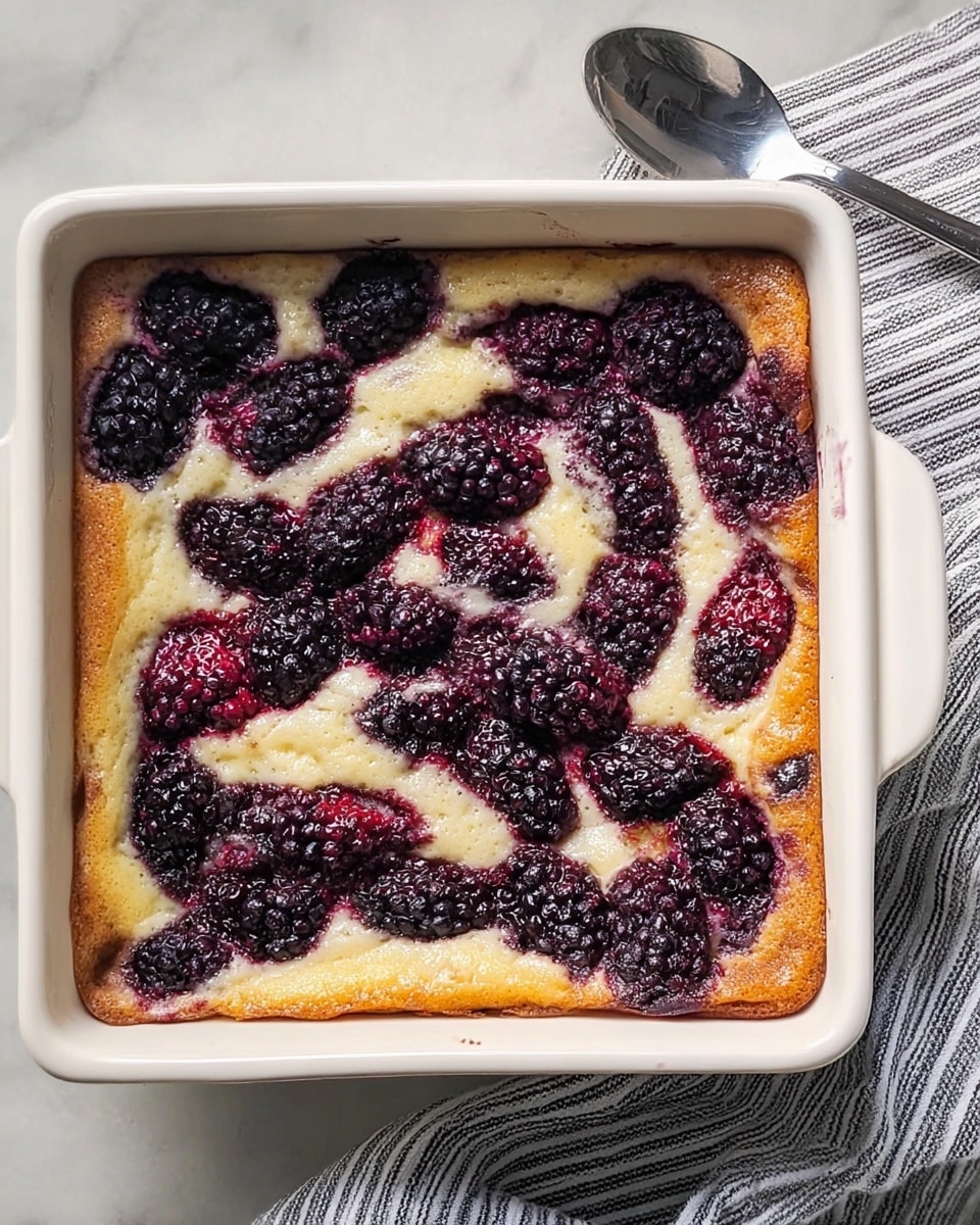 A square white ceramic dish holds a baked dessert with two visible layers: the bottom layer is light golden and fluffy with a soft texture, while the top layer is covered with a thick, uneven spread of dark purple and black berries, some slightly broken and juicy, creating a rich contrast. The dish is placed on a white marbled surface next to a black metal slotted spoon resting on a grey and white striped cloth. Photo taken with an iphone --ar 4:5 --v 7