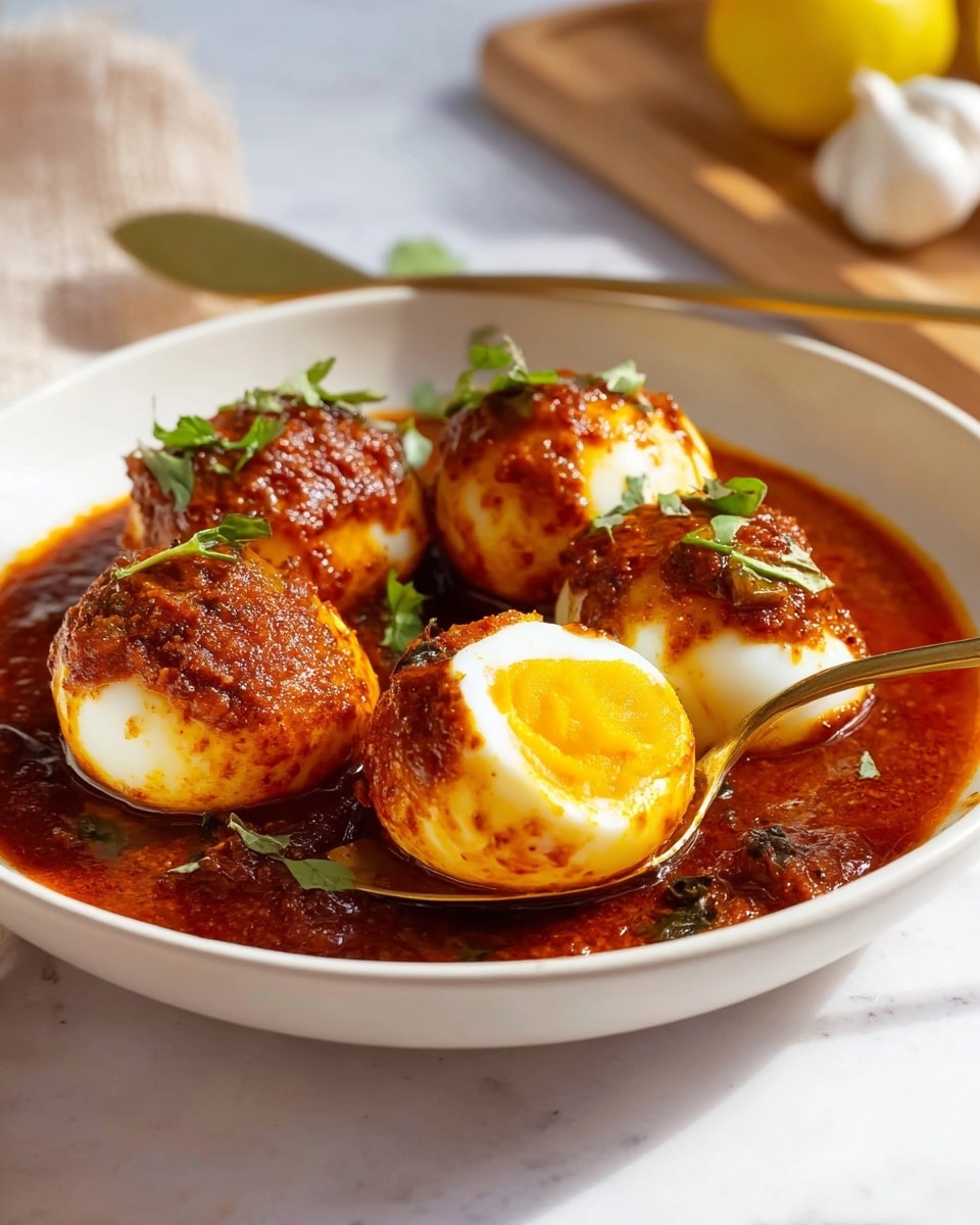 A white shallow bowl holds four boiled eggs covered in a rich, thick reddish-brown sauce with visible spices and herbs. One egg is cut open to show a bright yellow yolk inside. The eggs are garnished with small green herb leaves scattered on top. A shiny gold spoon holds one whole egg on the edge of the bowl, and in the blurred background, there is a cut yellow lemon and a garlic bulb. The bowl sits on a white marbled surface photo taken with an iphone --ar 4:5 --v 7