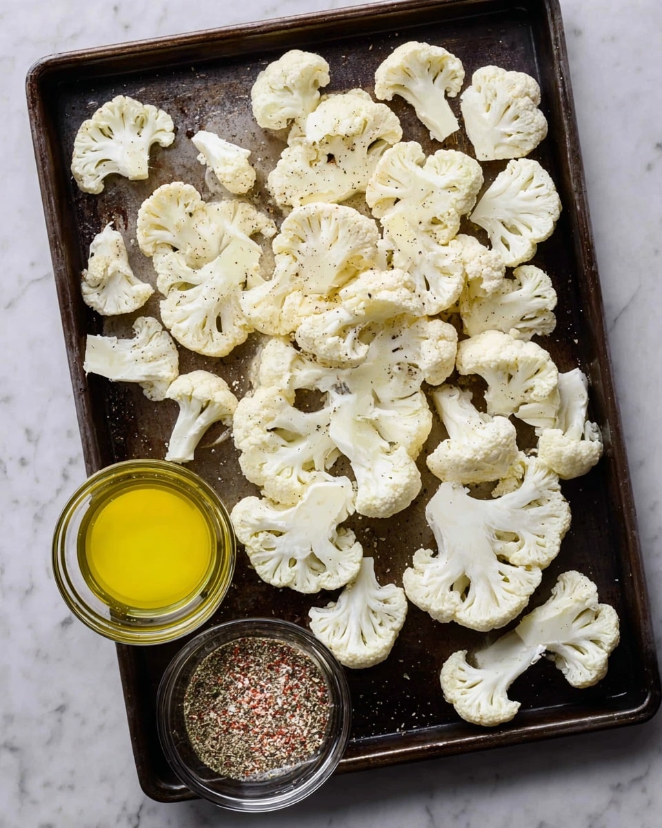 A dark metal baking tray holds many white cauliflower slices spread out evenly, each showing a slightly rough texture with tiny bumps and soft curves on the edges. On the bottom left corner of the tray, there are three small clear glass bowls: one filled with light yellow melted butter, the second with pale green olive oil, and the third with a mix of coarse black and pink spices. The tray lies on a white marbled surface that has faint grey veins, adding a clean, bright contrast to the setup photo taken with an iphone --ar 4:5 --v 7