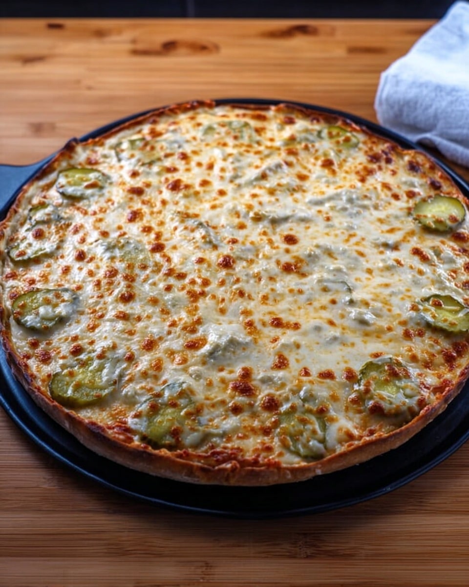 A round pizza with one thick layer of melted, slightly browned cheese on top, covering the entire surface evenly. Underneath the cheese, a creamy green sauce is visible in places, dotted with slices of pickles around the edges. The pizza crust is golden brown, forming a thin, crispy border. The pizza sits on a black tray placed on a wooden table. Photo taken with an iphone --ar 4:5 --v 7
