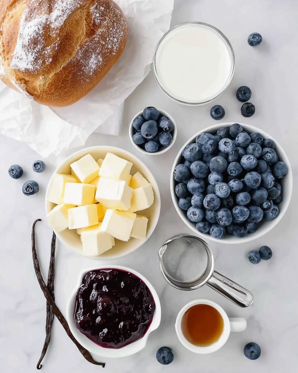The image shows a white marbled surface with various small white bowls and measuring cups arranged neatly. There are two bowls filled with fresh, plump blueberries, one larger bowl with cubes of pale yellow butter, and a small bowl of thick dark purple blueberry sauce. A silver measuring cup holds a white liquid, likely milk, and a small round dish contains a dark amber liquid, probably syrup. Vanilla bean pods and scattered blueberries decorate the scene. A round loaf of bread with a dusting of flour sits at the top left corner on white parchment paper. The setup looks clean and inviting, perfect for making a blueberry dessert or breakfast. Photo taken with an iphone --ar 4:5 --v 7